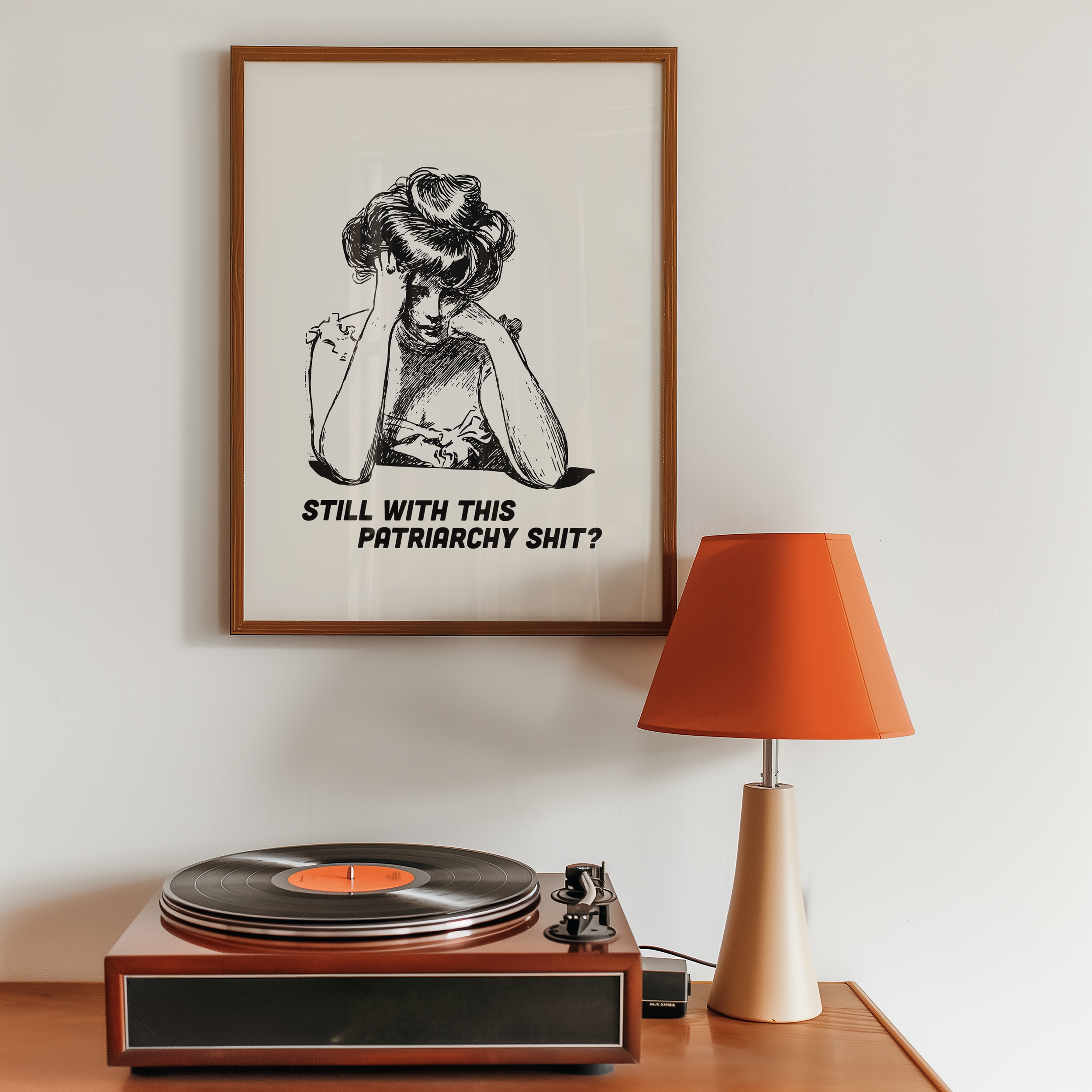 Black and White print of a bored looking Edwardian woman that says "Still with this Patriarchy shit?" Funny feminist print. Witty sassy dopamine decor poster.