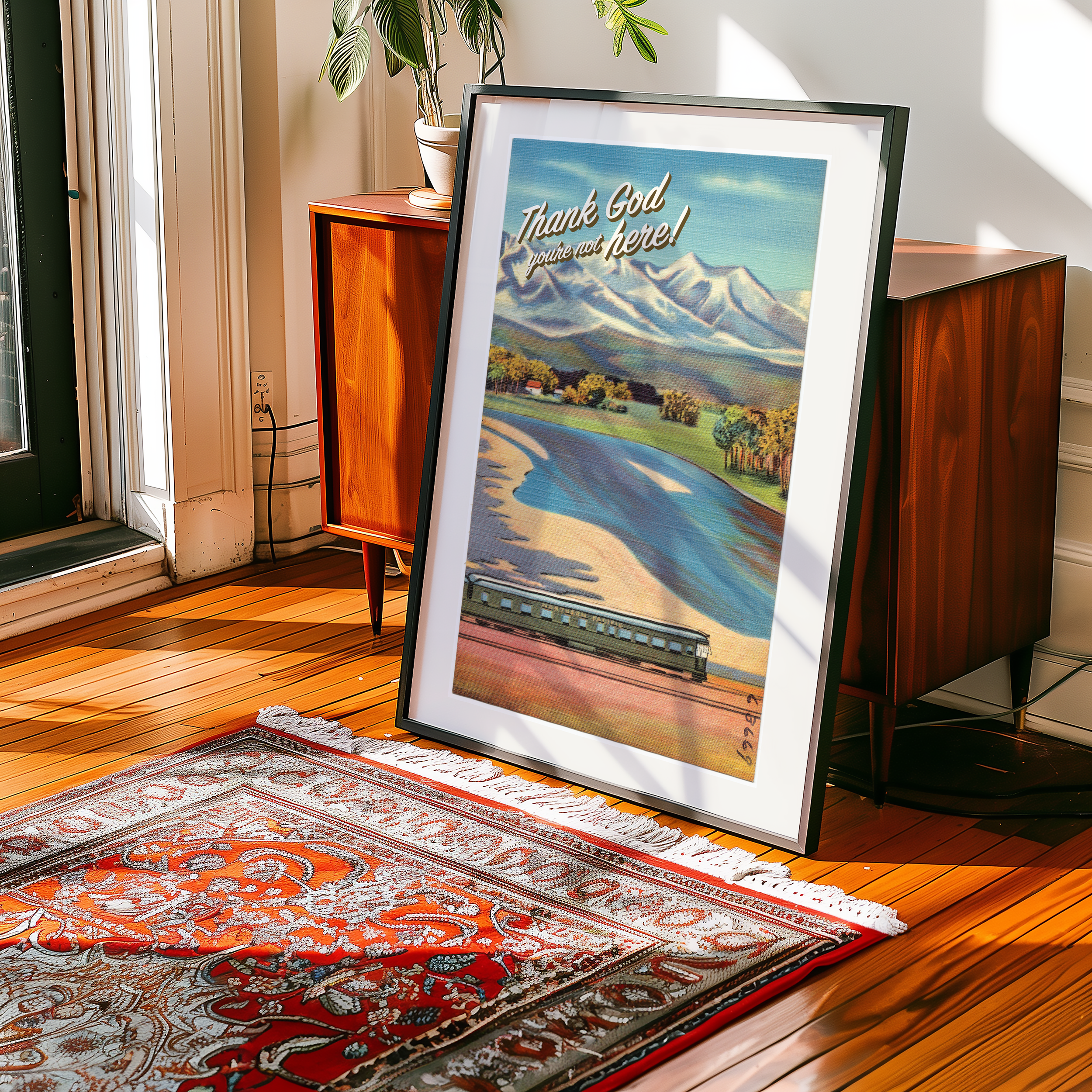 Bold dopamine decor print poster of a vintage postcard that says "thank God you're not here!" in retro font. Funny poster. Ironic poster print. Vintage style. Vintage travel poster.