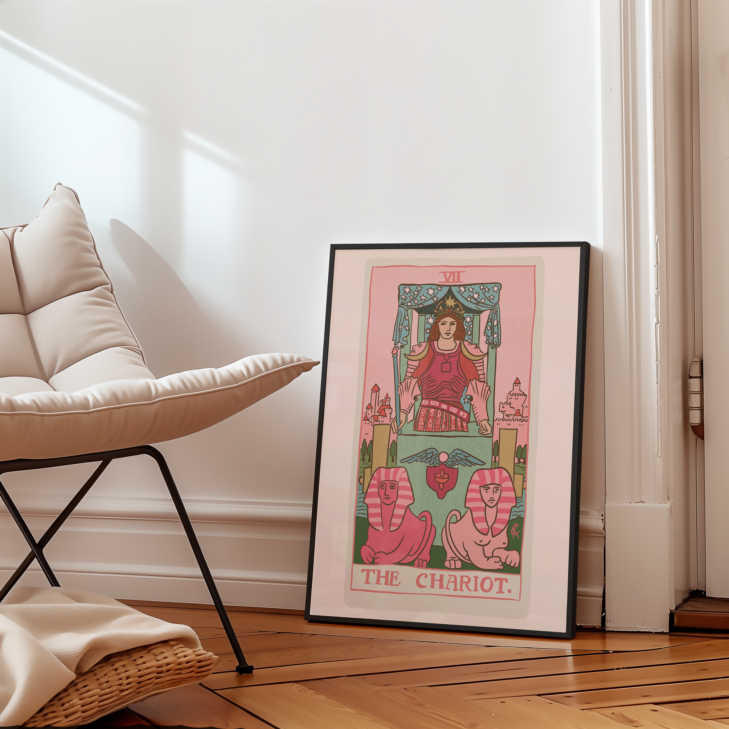 The Chariot tarot card print, feminine pink witchy spiritual decor poster print.