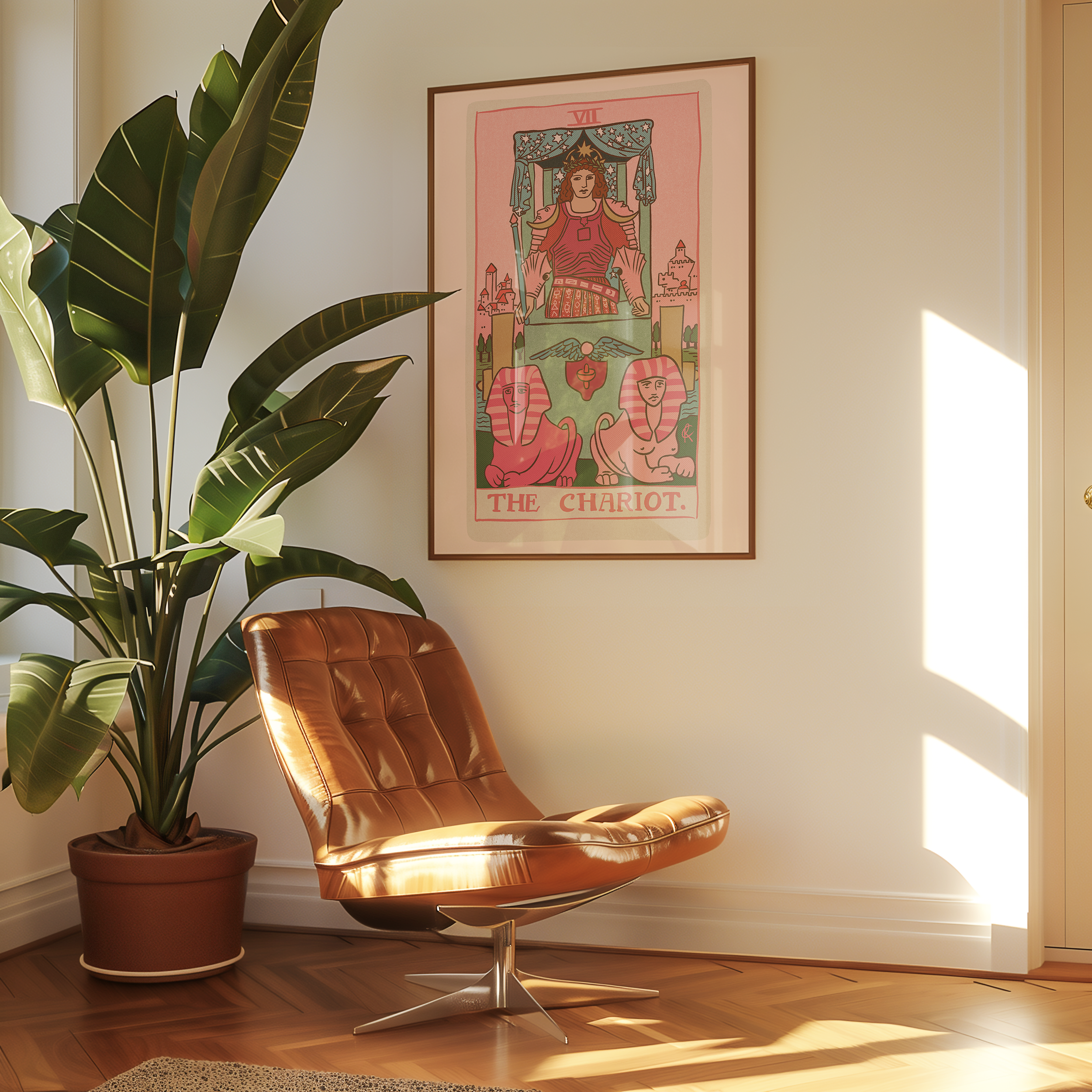 The Chariot tarot card print, feminine pink witchy spiritual decor poster print.