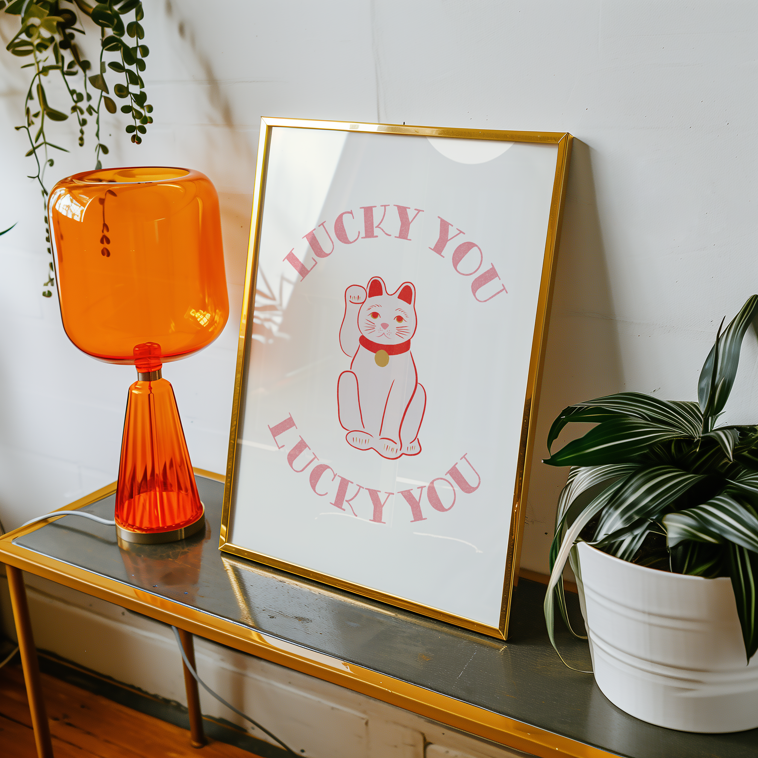 Dopamine decor print of chinease lucky cat that says lucky you. bold dopamine decor poster print. Maneki-neko