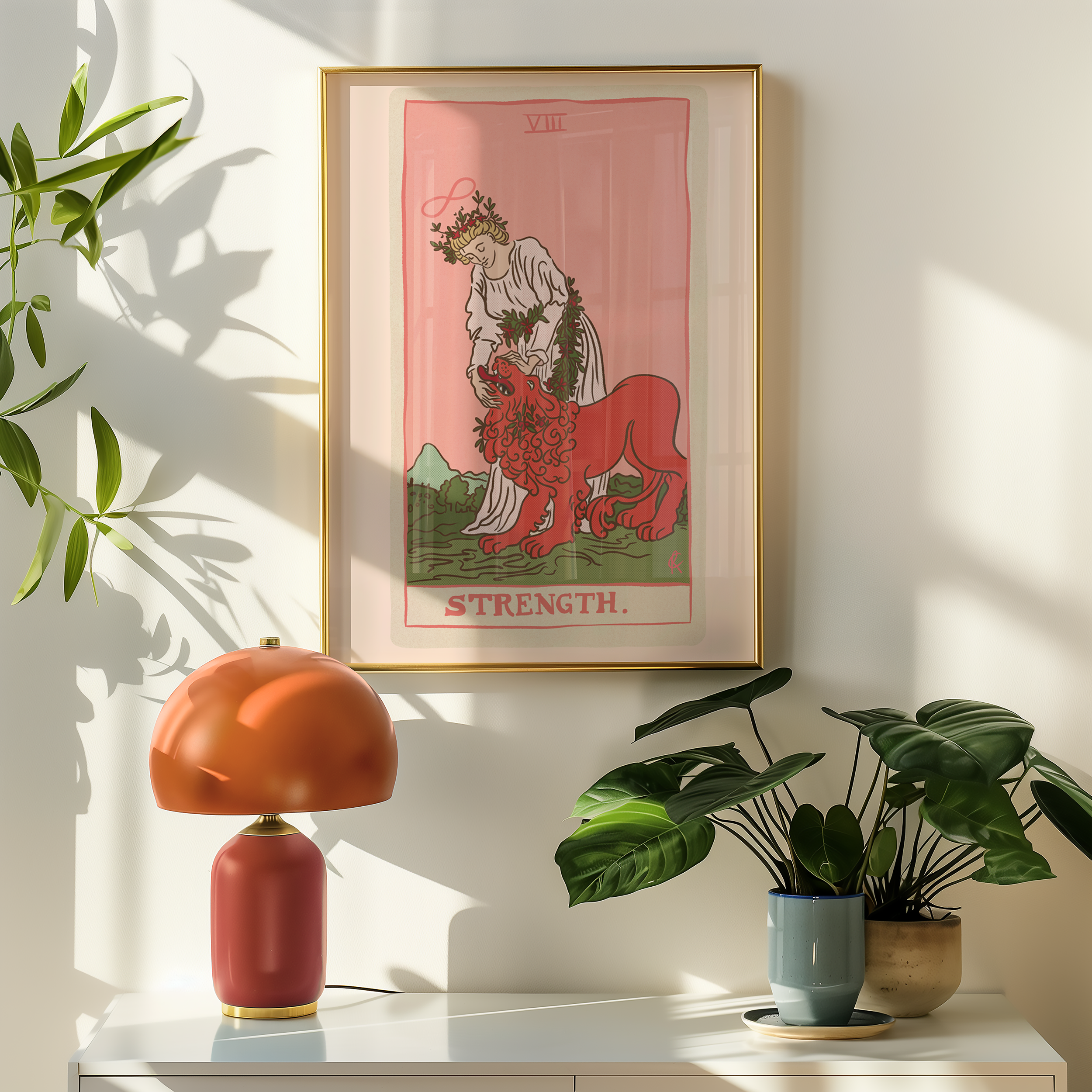 Strength tarot card print, feminine pink witchy spiritual decor poster print.