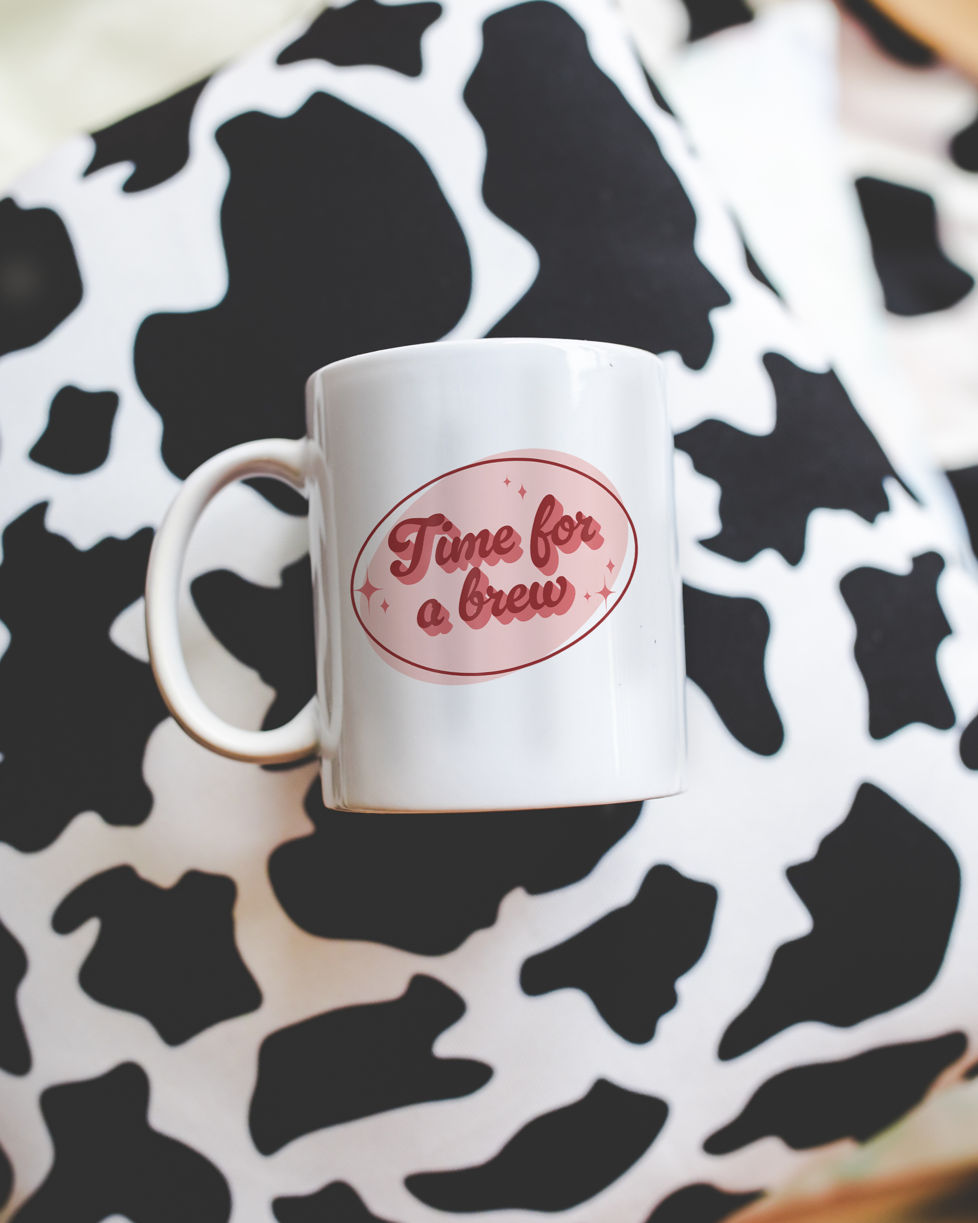 White coffee mug that says "time for a brew" in a retro vintage font that's pink. Available in 11oz and 15oz