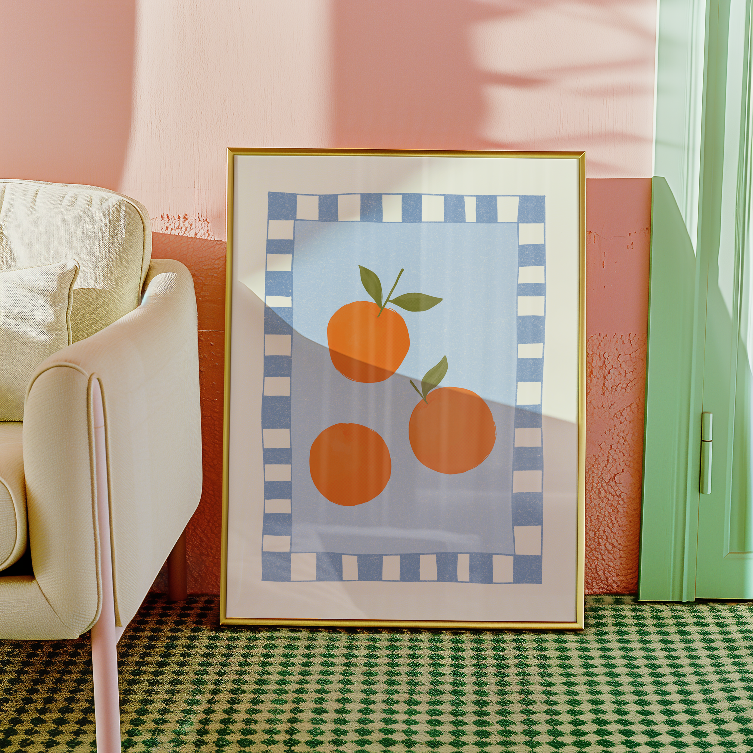 Bold dopamine decor print poster of oranges. kitchen poster. Orange and blue. Mediterranean fee