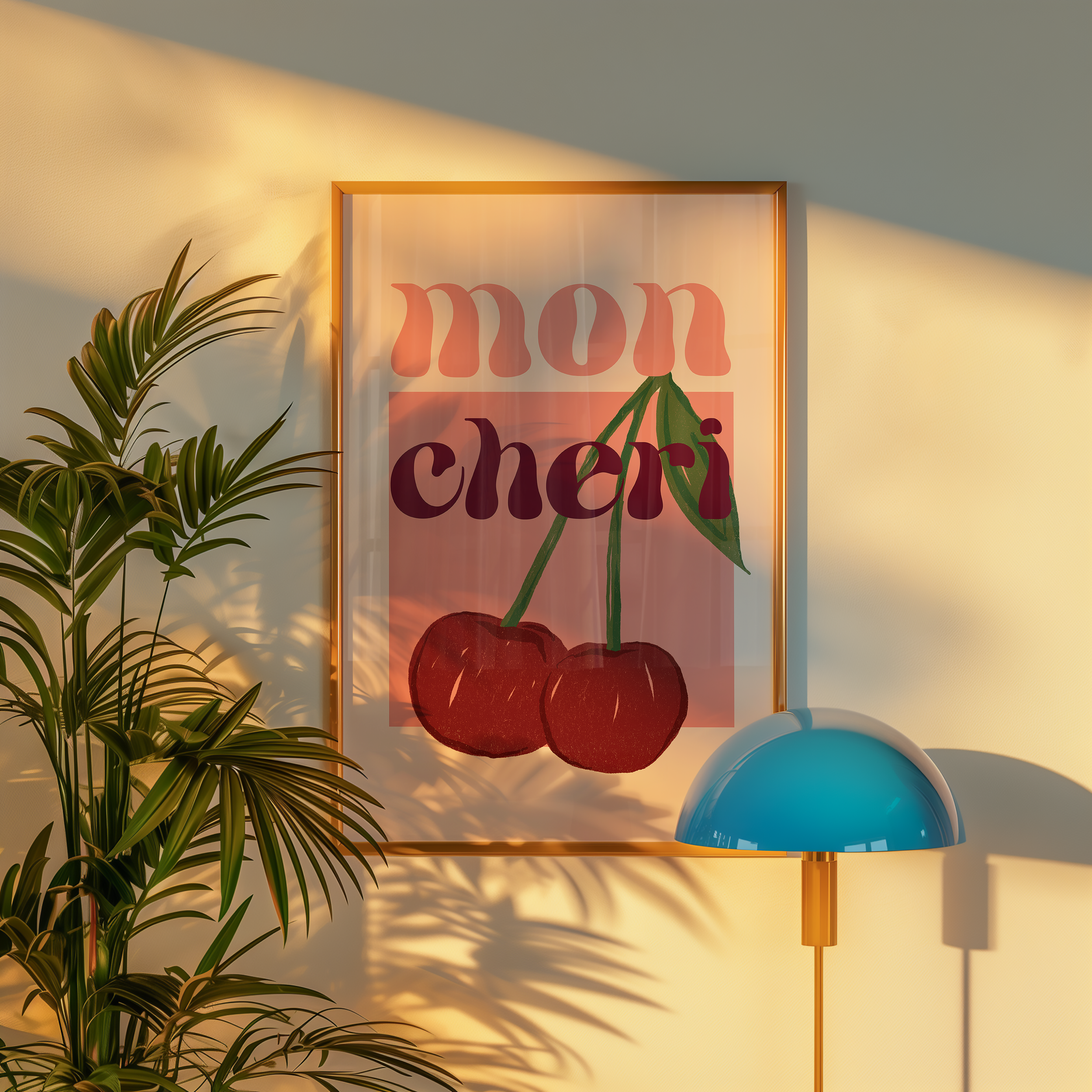 Bold dopamine decor print poster illustration of cherries that says "mon cheri". Feminine decor style. retro feel.