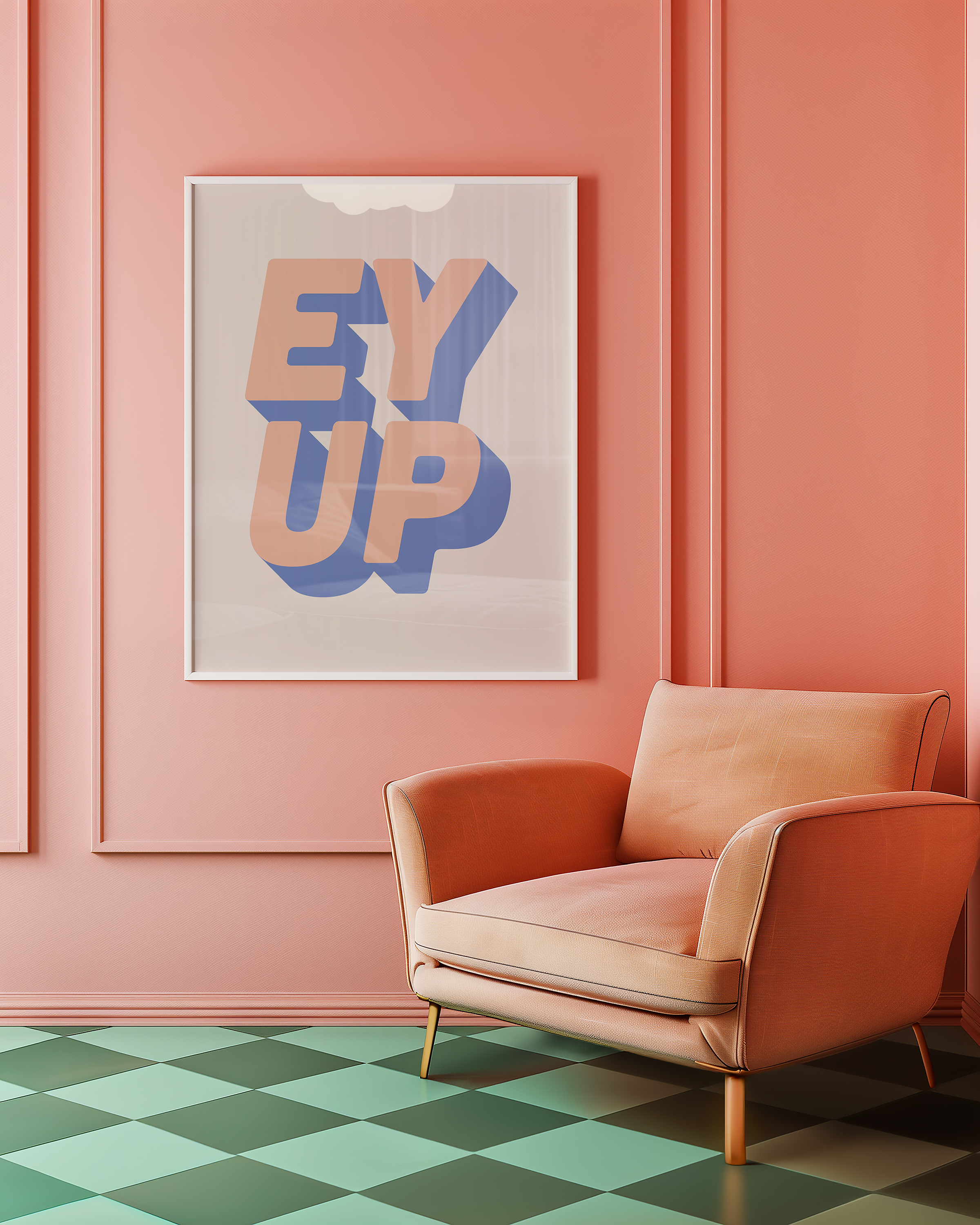 Bold quote print poster decor "Ey up". British quote. Yorkshire quote. Dopamine decor. Retro two tone font pink and blue