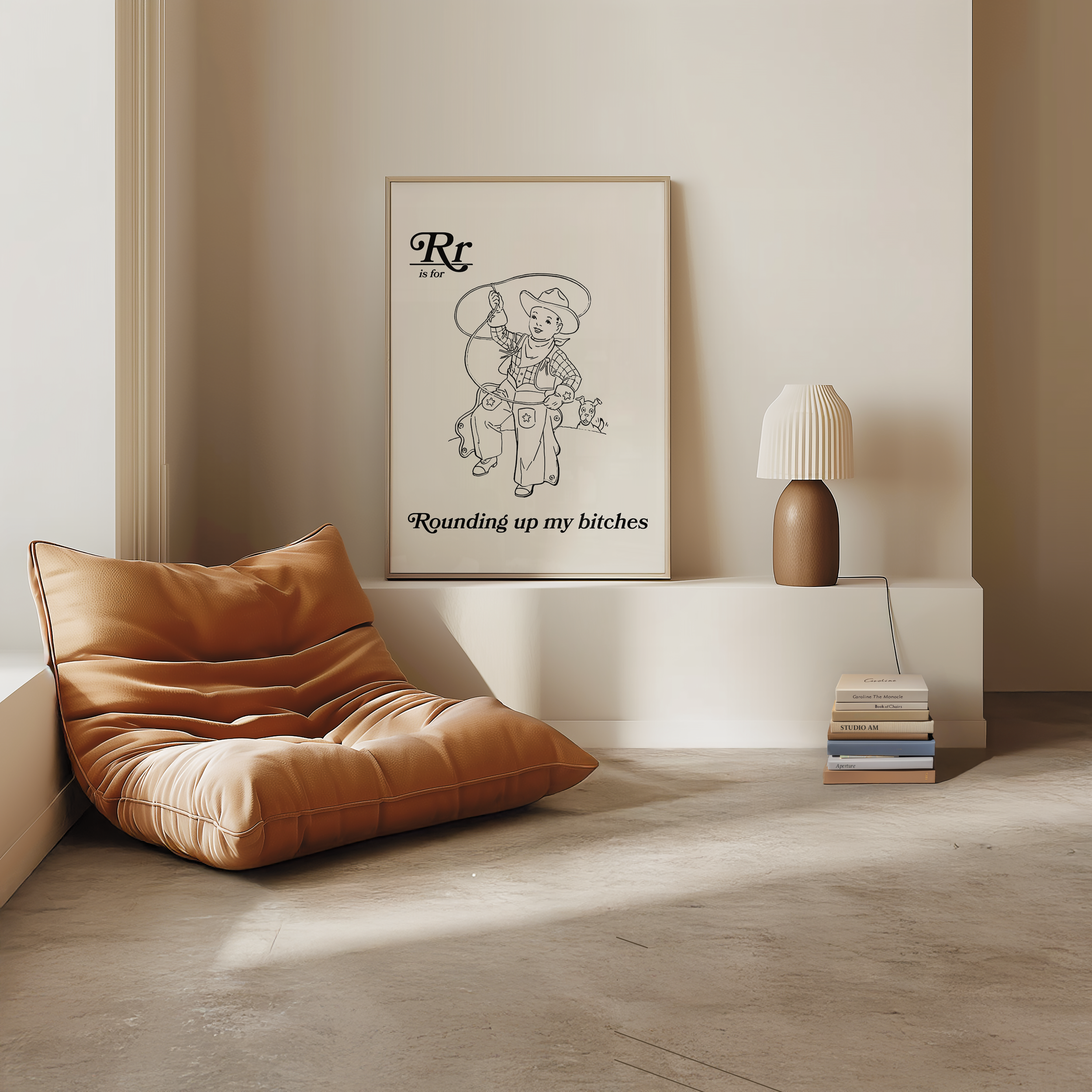 Dopamine decor poster print of retro style alphabet poster for the letter R or a childrens illuration cowboy with a lasso that say "R is for Rounding up my bitches." Adult humour print.