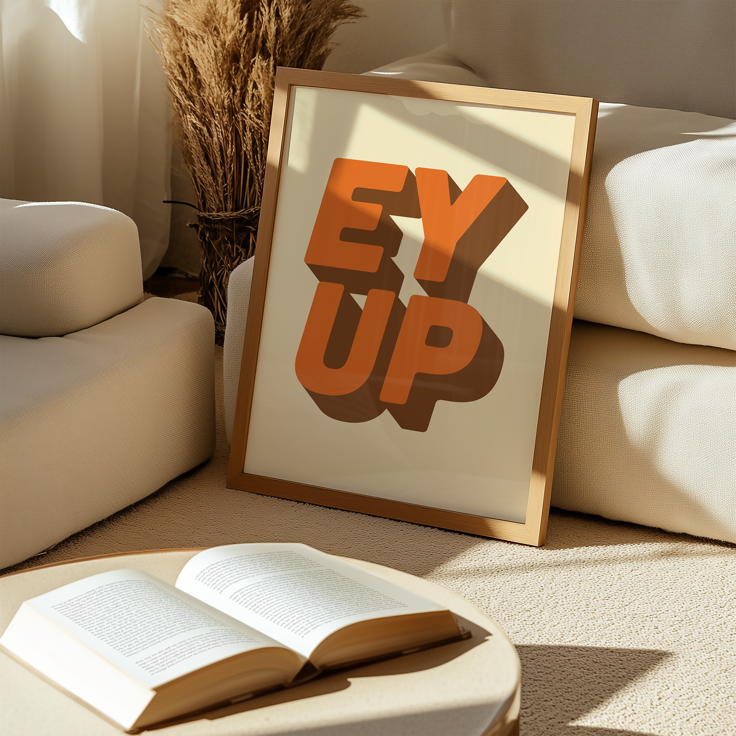 Bold quote print poster decor "Ey up". British quote. Yorkshire quote. Dopamine decor. Retro two tone font Orange and brown