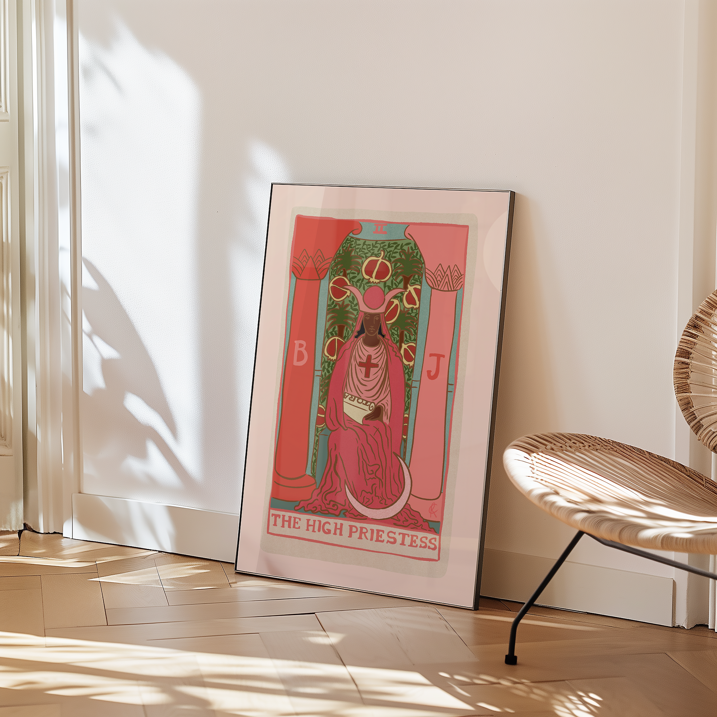The High Priestess tarot card print, feminine pink witchy spiritual decor poster print.