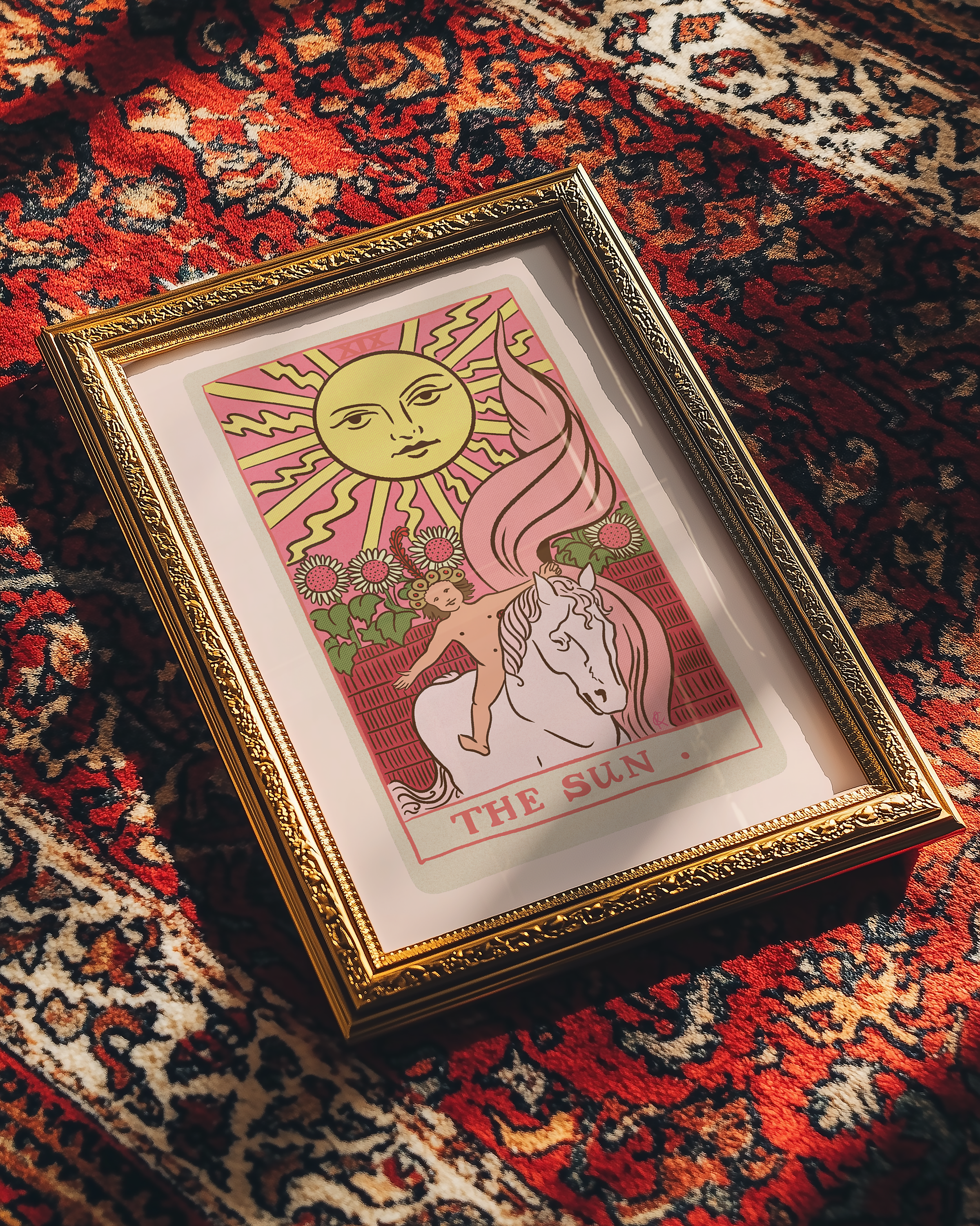 The Sun tarot card print, feminine pink witchy spiritual decor poster print.