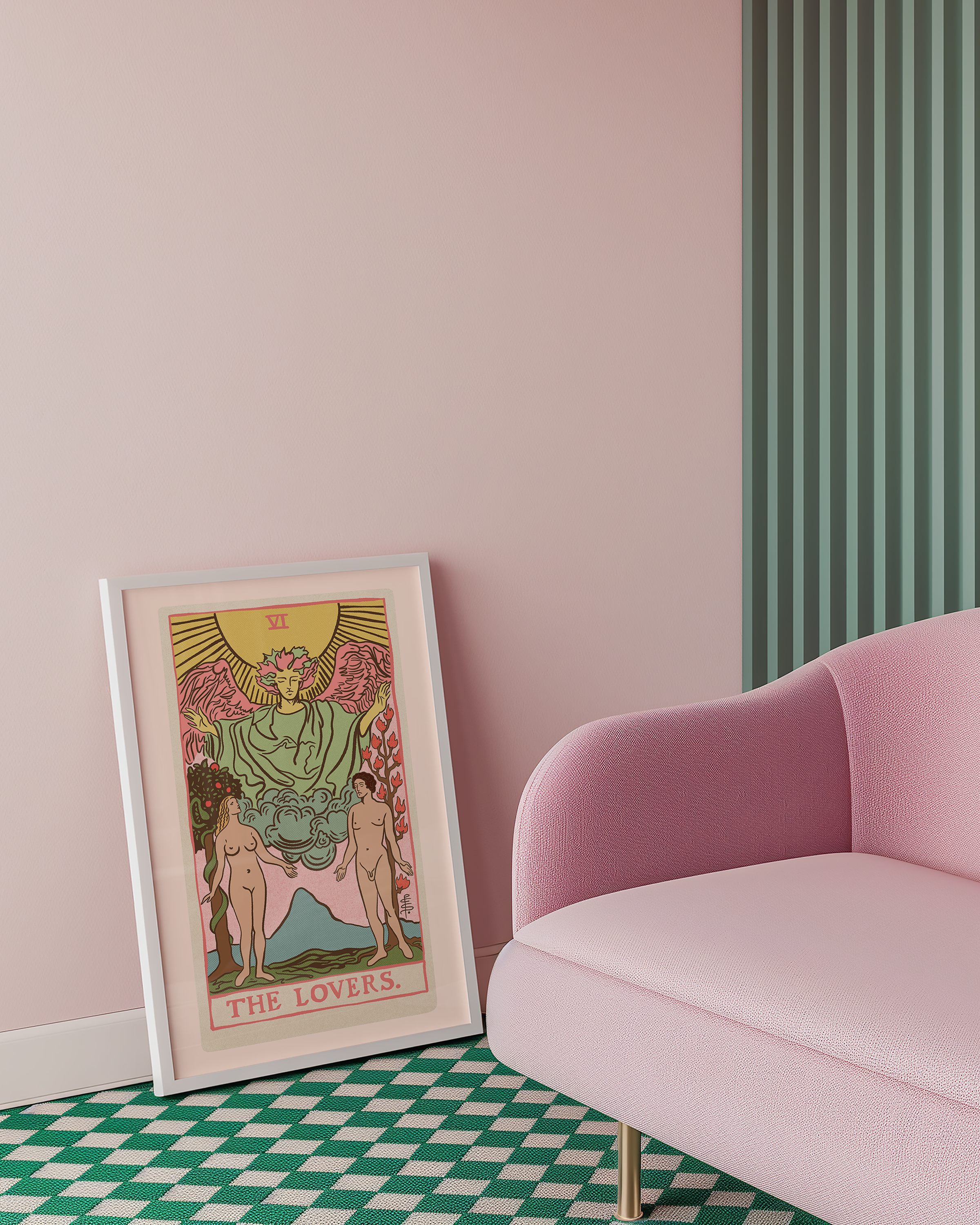 The Lovers tarot card print, feminine pink witchy spiritual decor poster print.