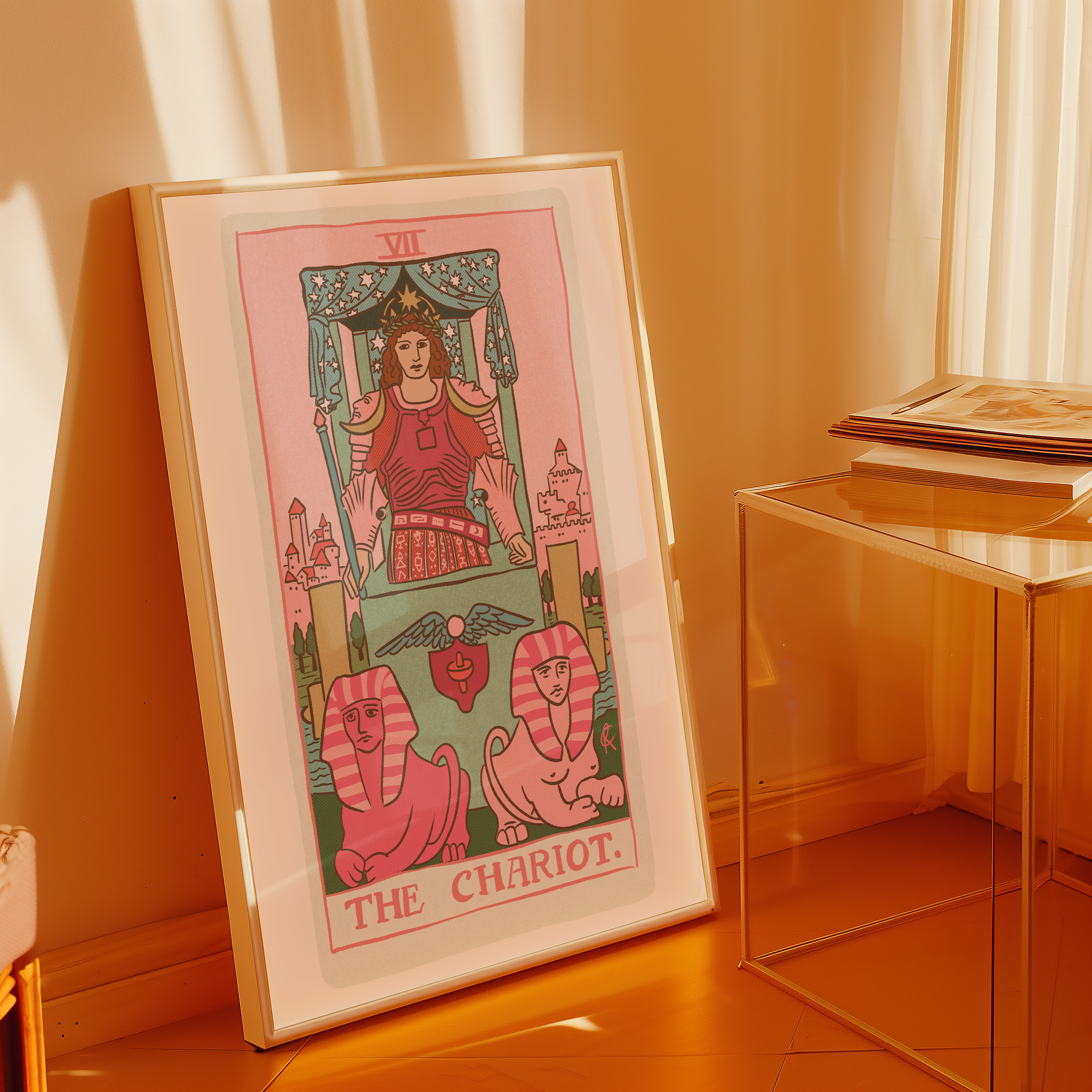 The Chariot tarot card print, feminine pink witchy spiritual decor poster print.