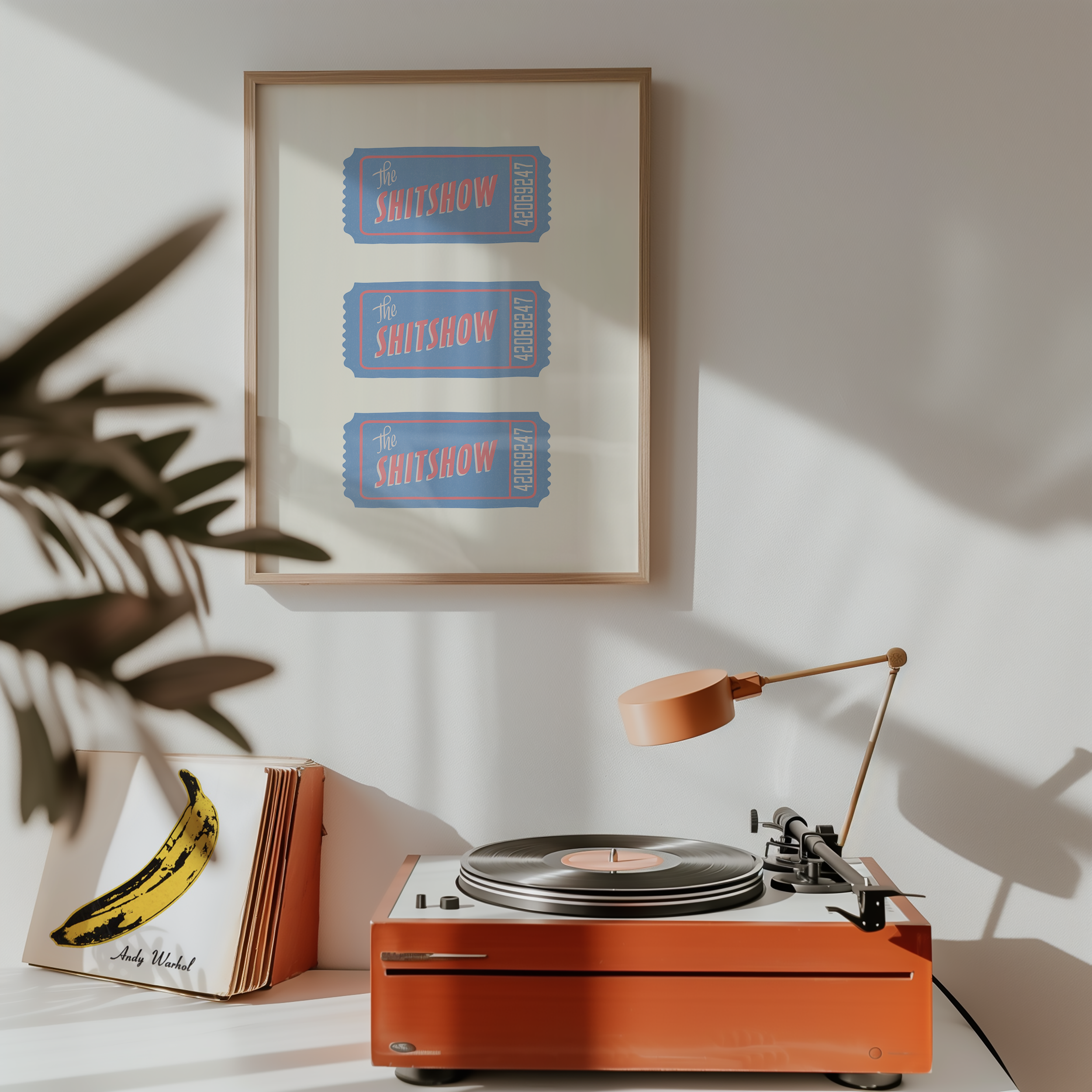 Bold dopamine decor print poster illustration of three vintage style tickets for the "Shitshow" in blue and pink. Vintage retro style poster print. Funny print poster.