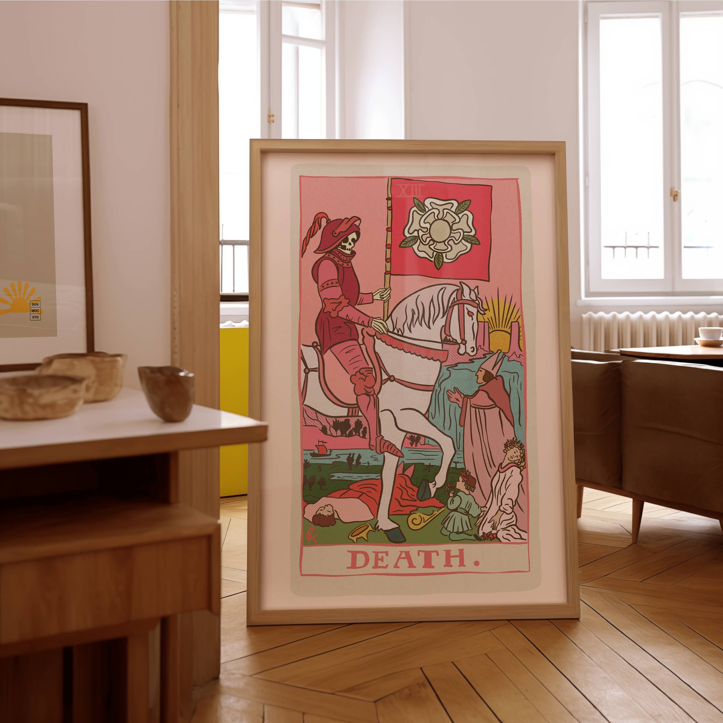 Death tarot card print, feminine pink witchy spiritual decor poster print.