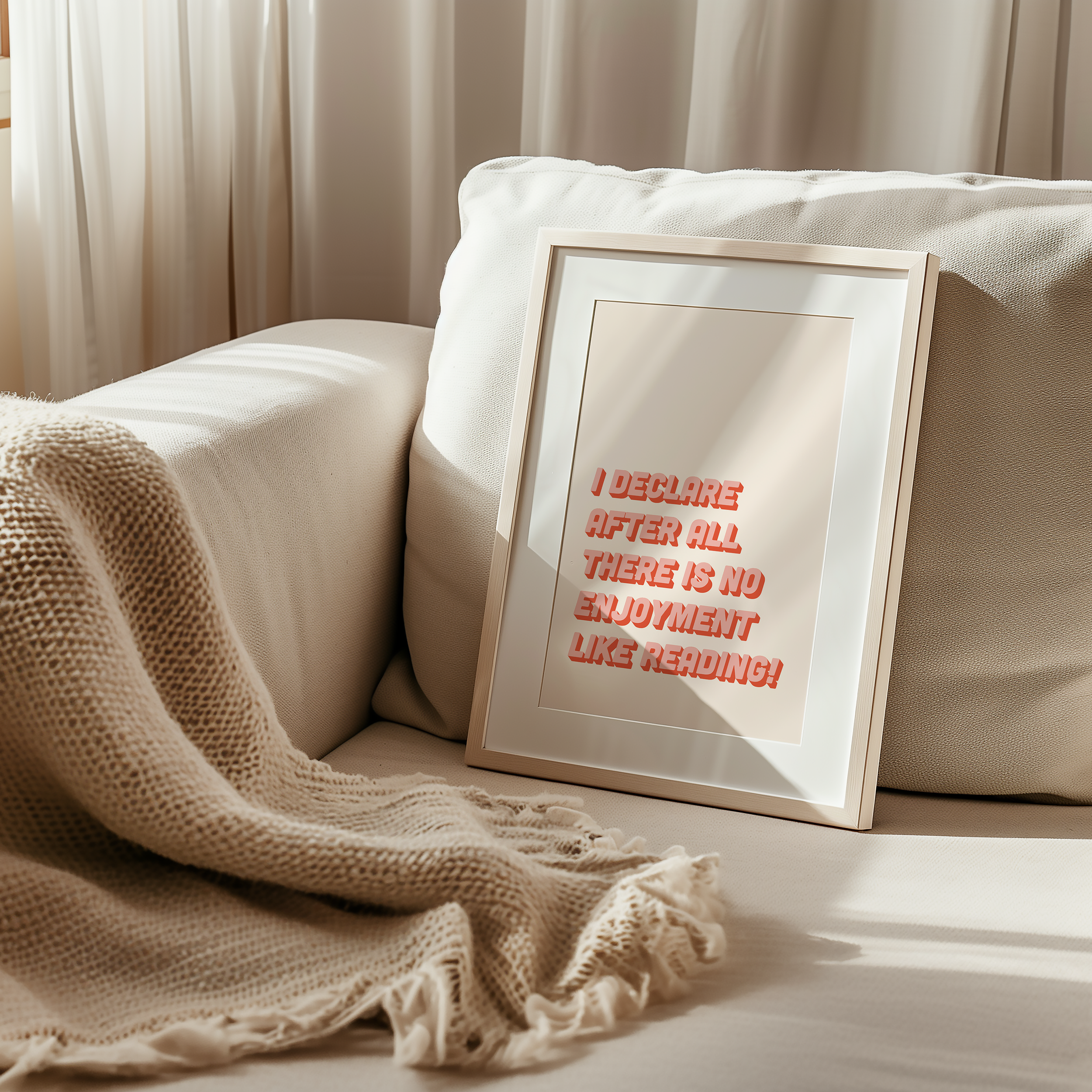 Bold Dopamine decor print poster jane eyre quote “I declare after all there is no enjoyment like reading.” in two tone retro font pink and red