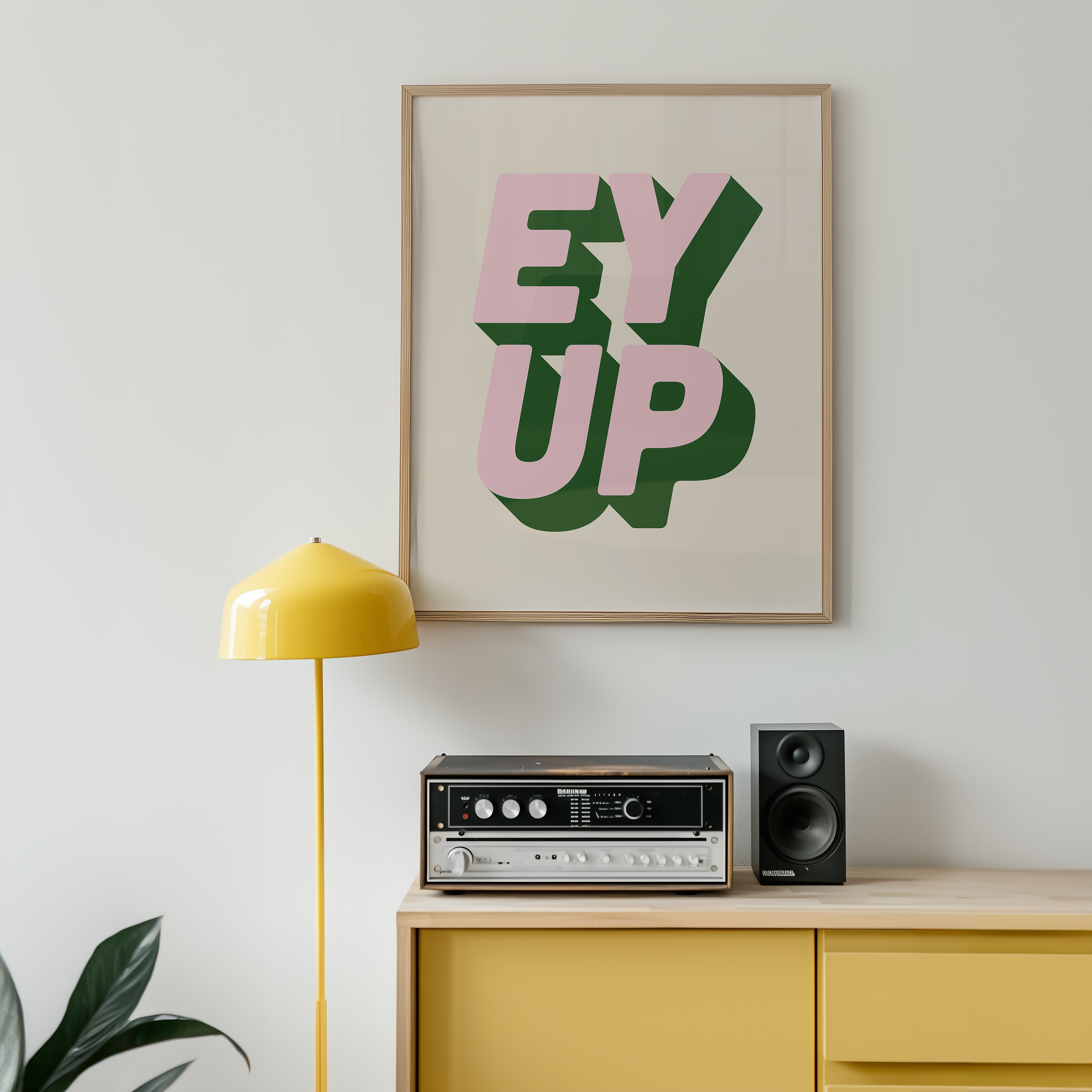 Bold quote print poster decor "Ey up". British quote. Yorkshire quote. Dopamine decor. Retro two tone font green and pink.