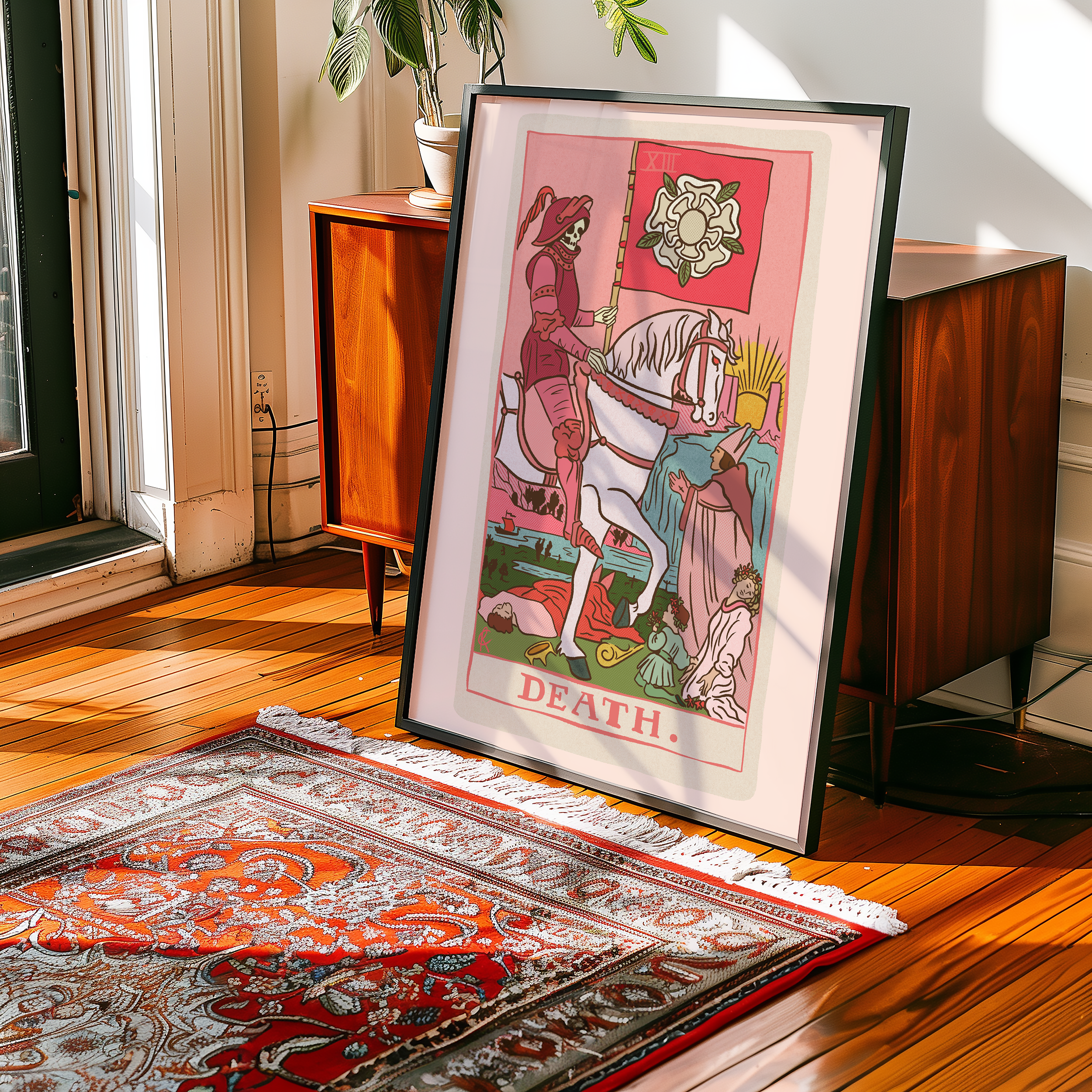 Death tarot card print, feminine pink witchy spiritual decor poster print.