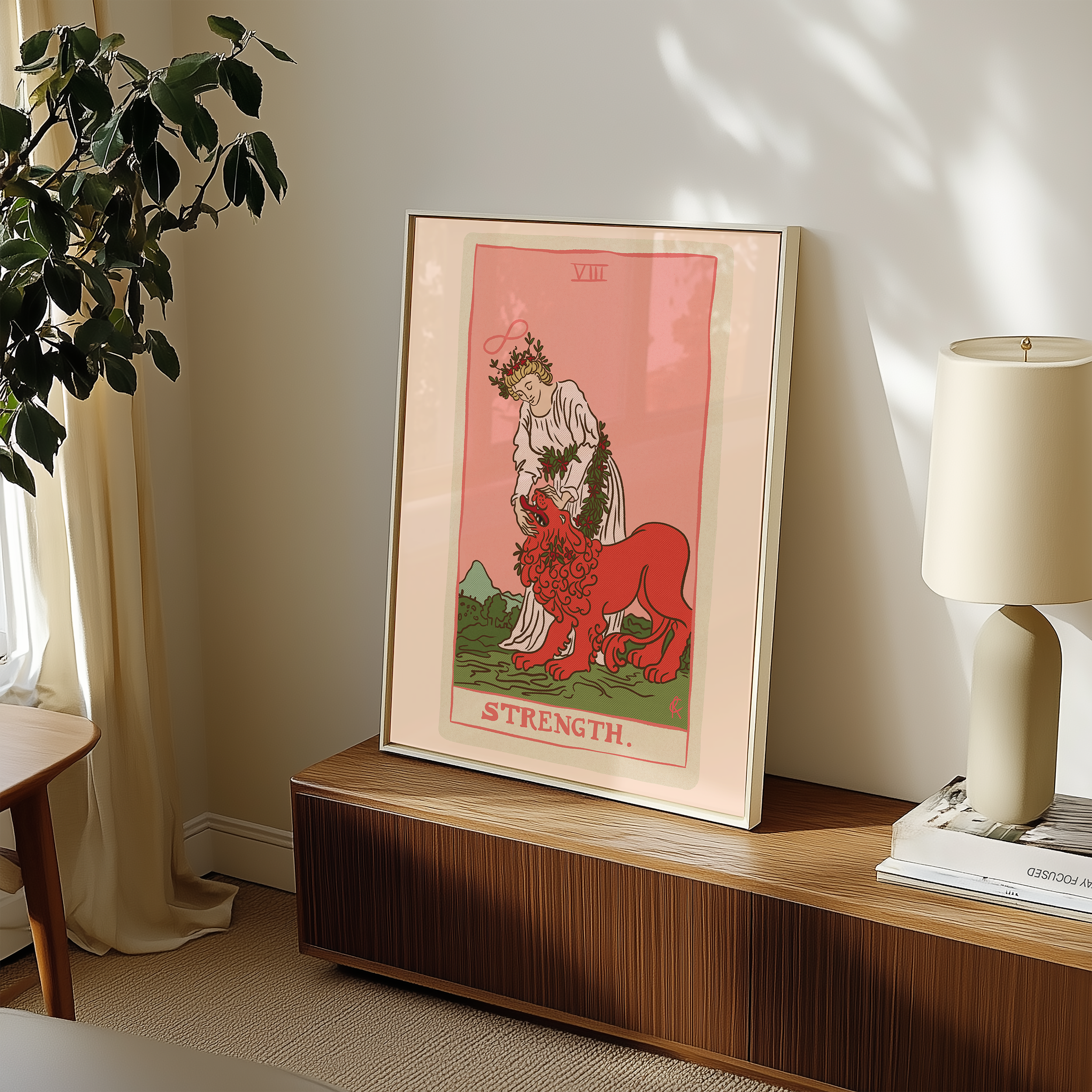 Strength tarot card print, feminine pink witchy spiritual decor poster print.