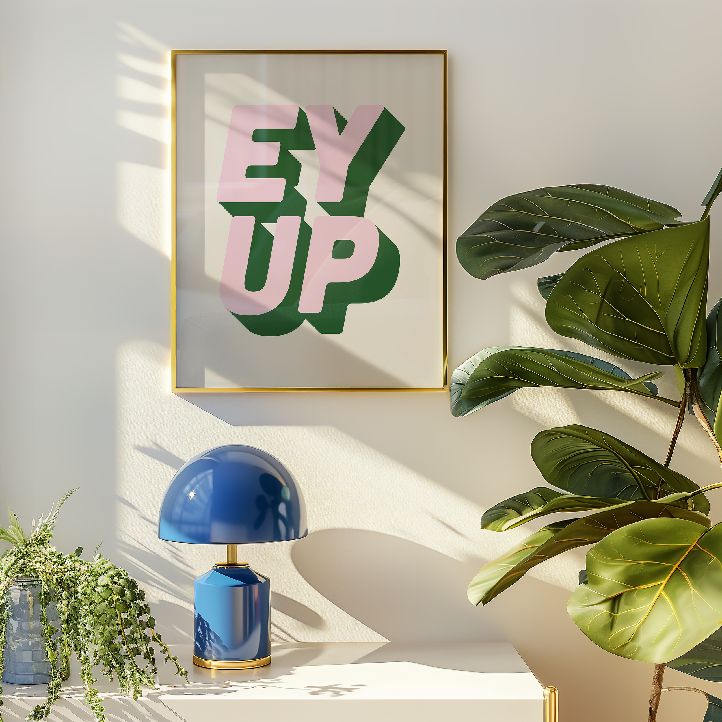 Bold quote print poster decor "Ey up". British quote. Yorkshire quote. Dopamine decor. Retro two tone font green and pink.