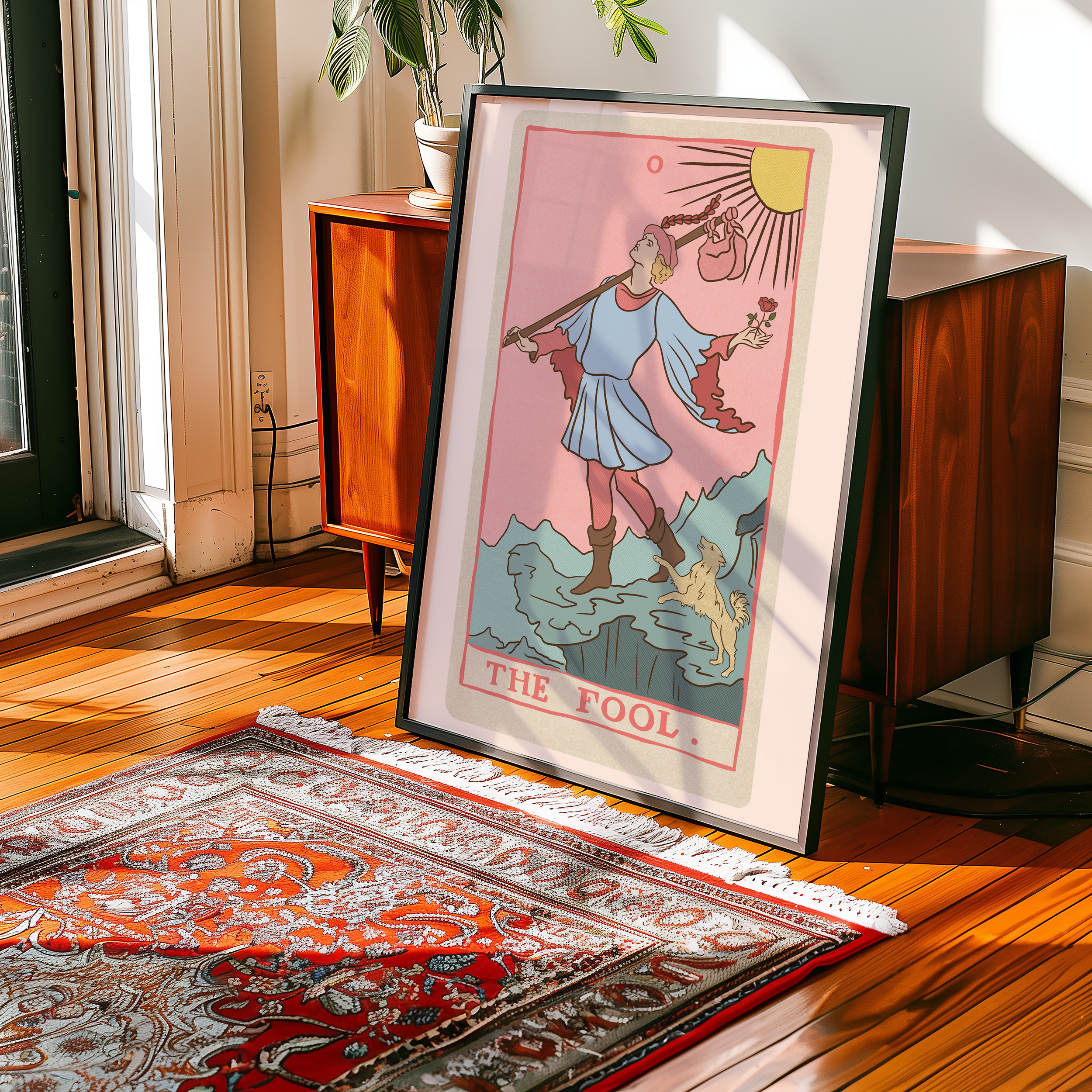 The Fool tarot card print, feminine pink witchy spiritual decor poster print.