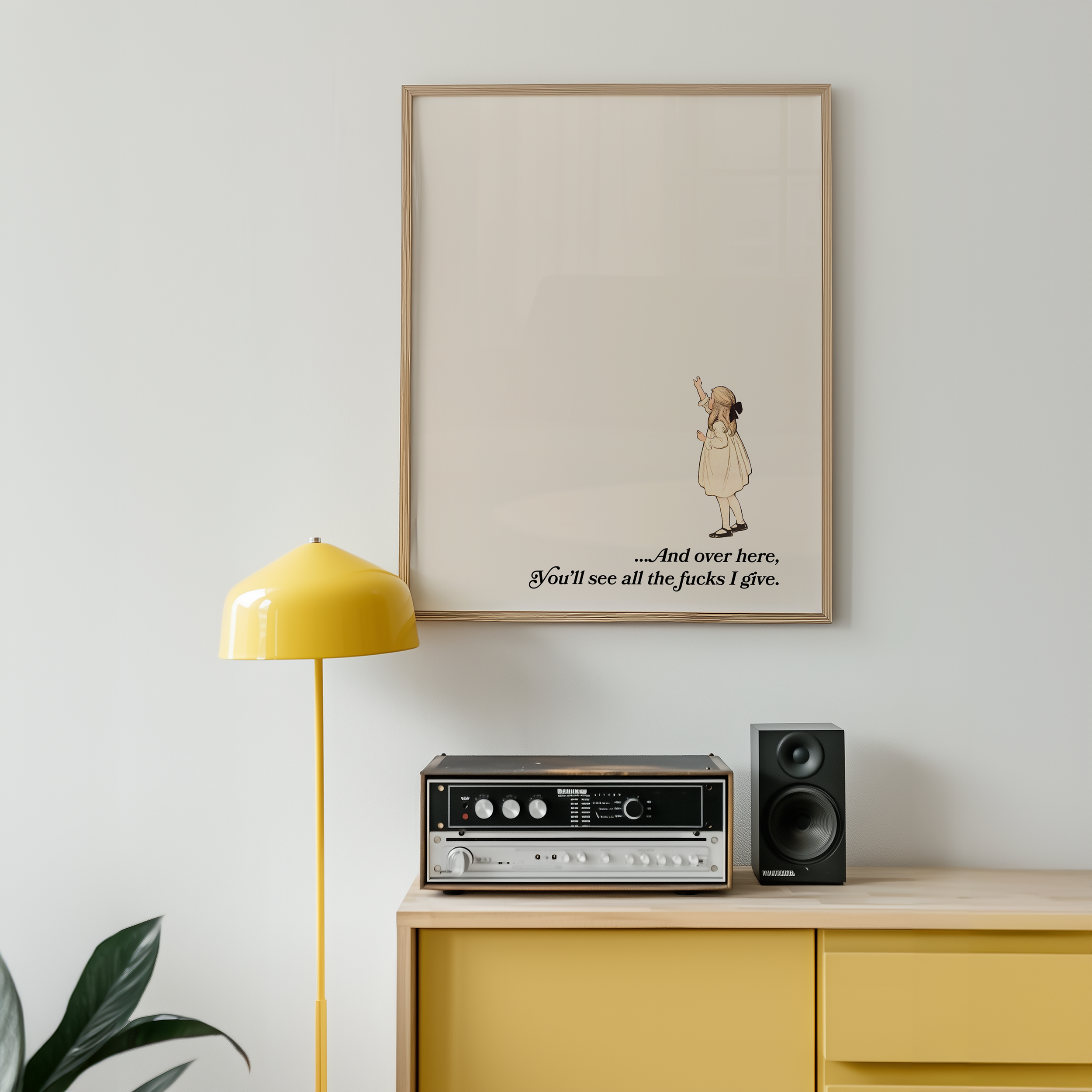 funny sarcastic print poster. Vintage girl pointing to open blank space and saying "And over hear you'll see all the fucks i give"