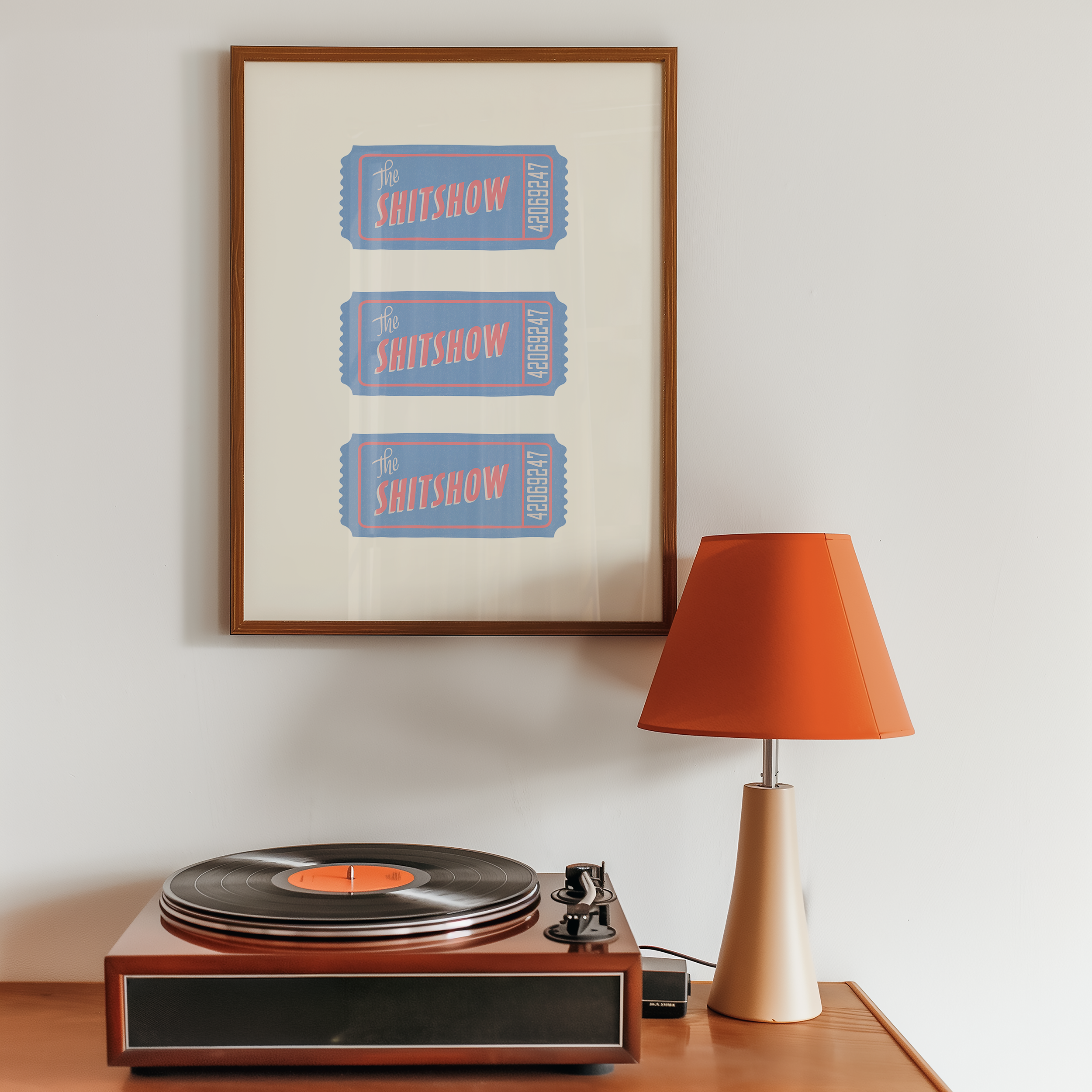 Bold dopamine decor print poster illustration of three vintage style tickets for the "Shitshow" in blue and pink. Vintage retro style poster print. Funny print poster.