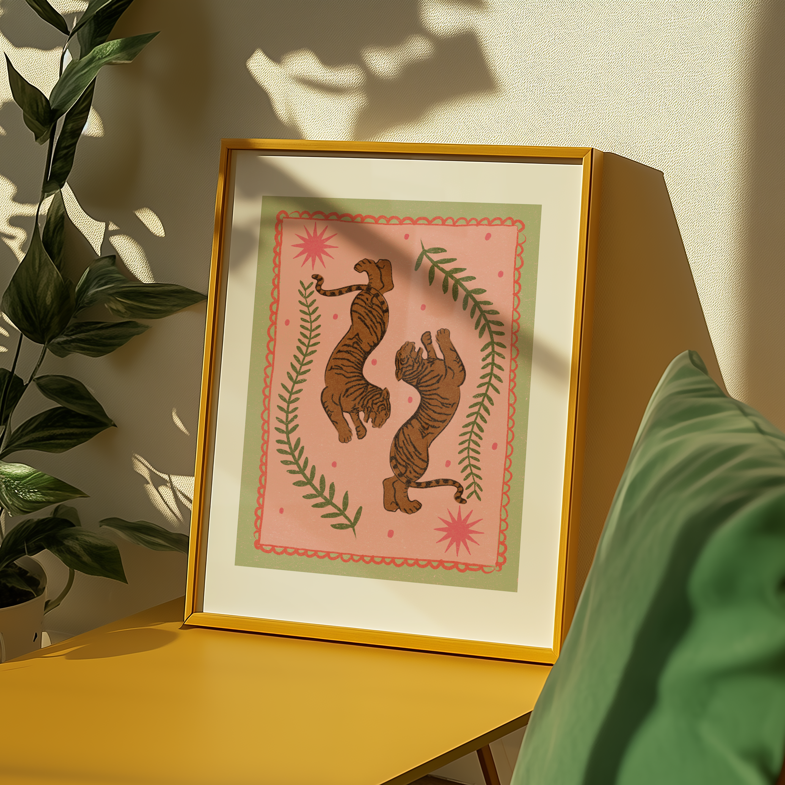 Bold dopamine decor print poster illustration of tigers. Retro style decor. midcentury modern