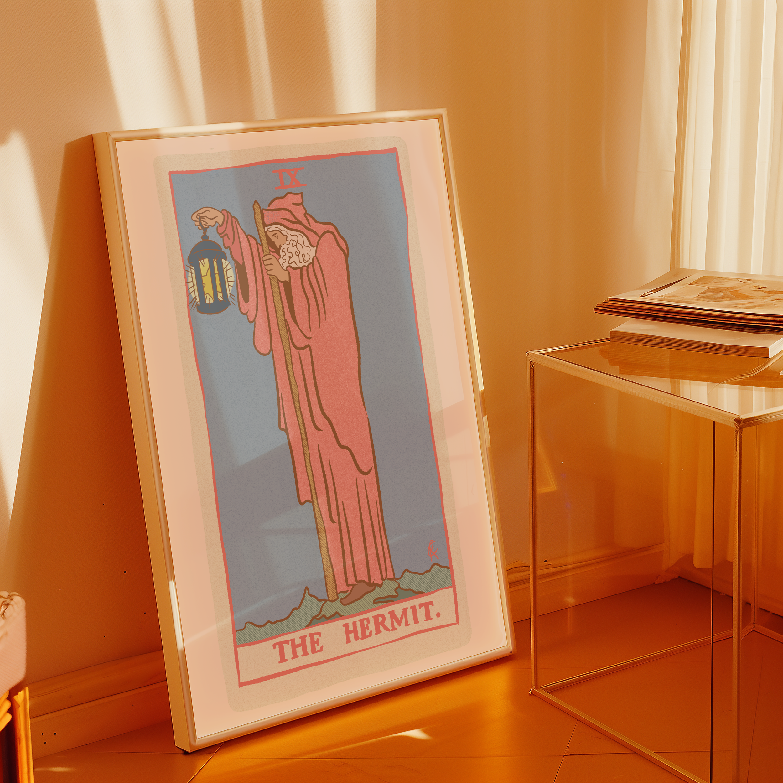 The Hermit tarot card print, feminine pink witchy spiritual decor poster print.