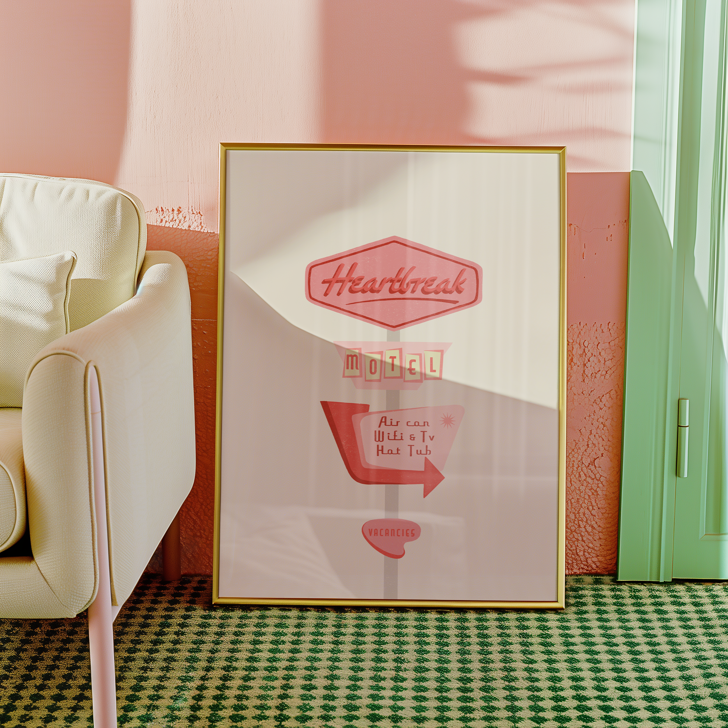 Bold dopamine decor print poster illustration of a retro motel sign in various pink tones that says "heart break motel". Feminine decor style. retro feel.
