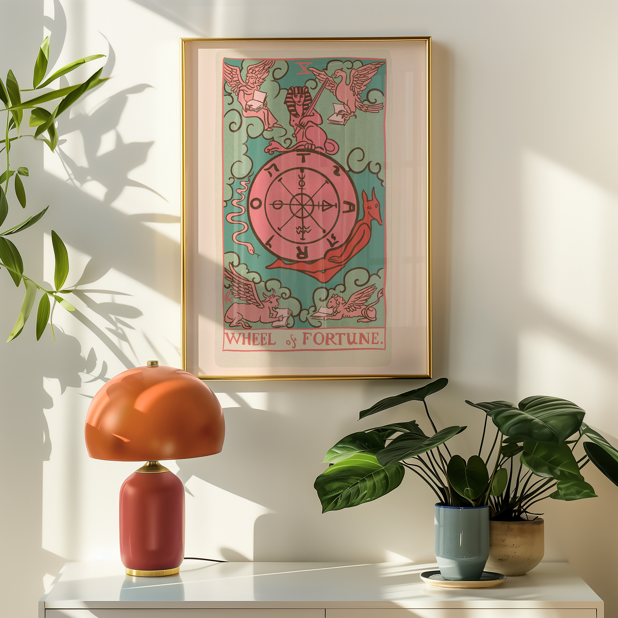 Wheel of Fortune tarot card print, feminine pink witchy spiritual decor poster print.