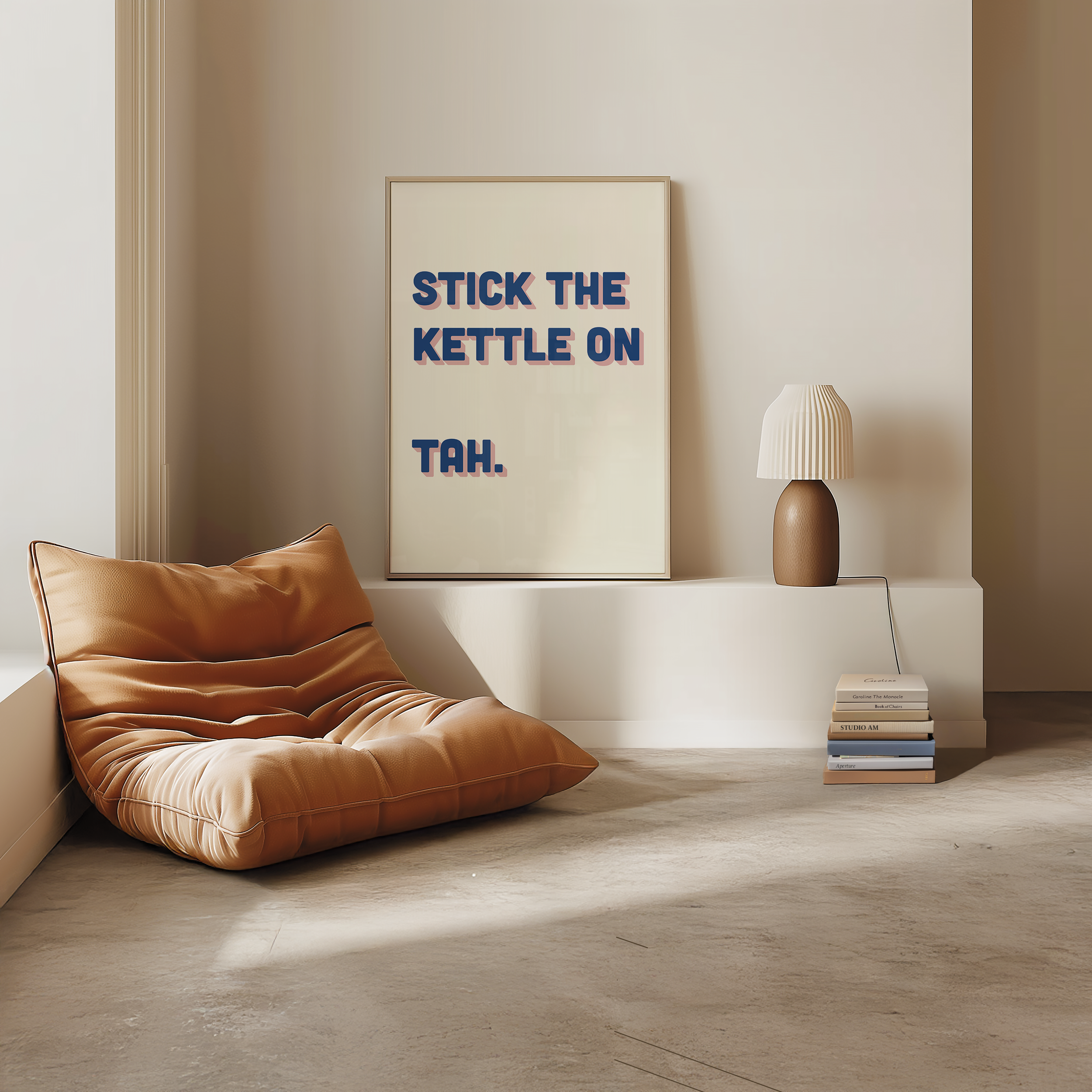 Funny quote print poster that says "Stick the Kettle On Tah" in two tone retro blue and pink font. British humour poster