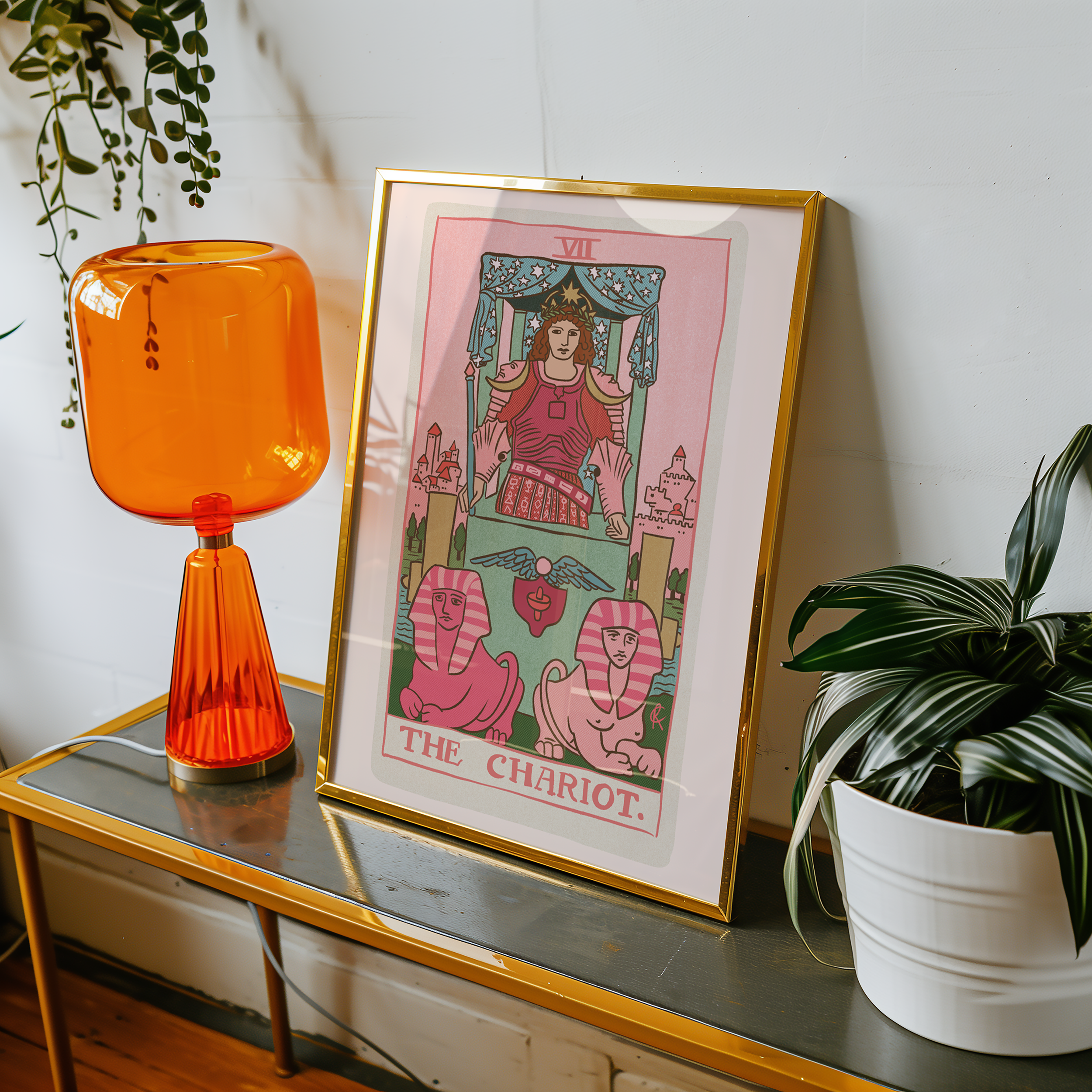 The Chariot tarot card print, feminine pink witchy spiritual decor poster print.