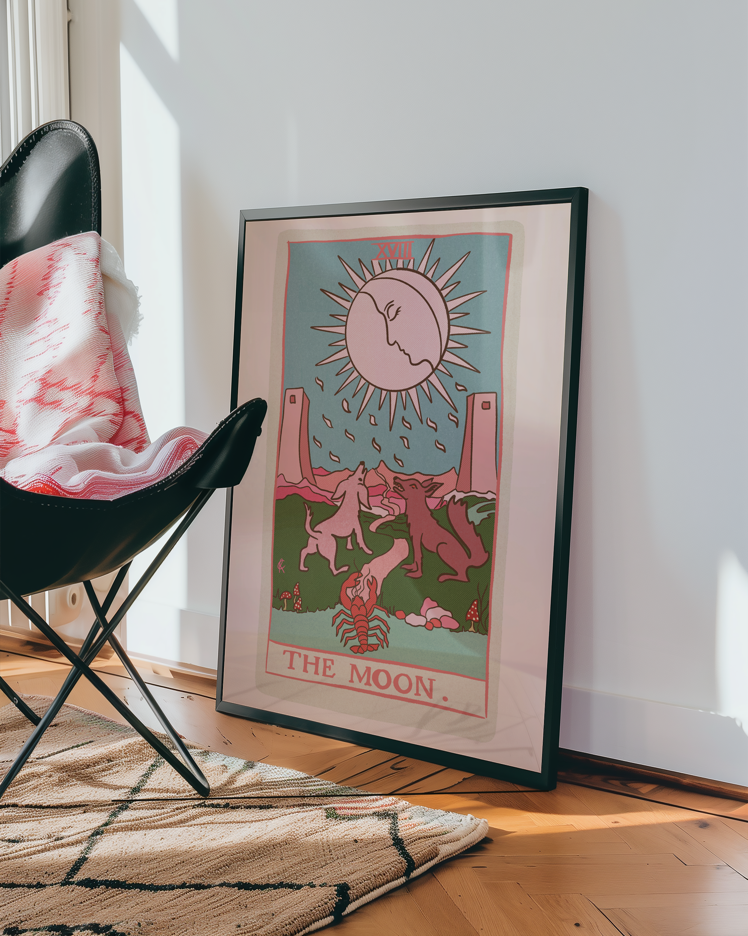The Moon tarot card print, feminine pink witchy spiritual decor poster print.