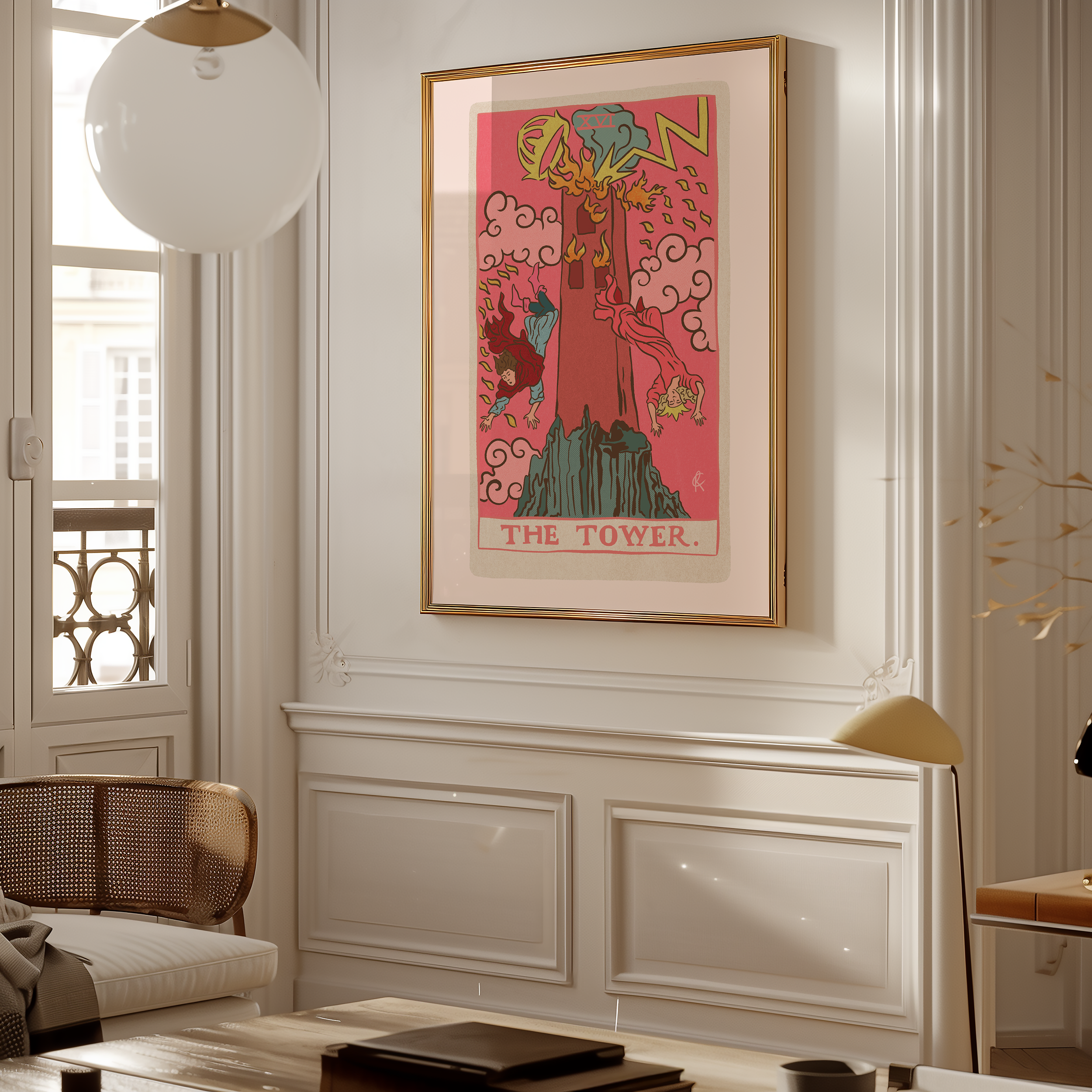 The Tower tarot card print, feminine pink witchy spiritual decor poster print.