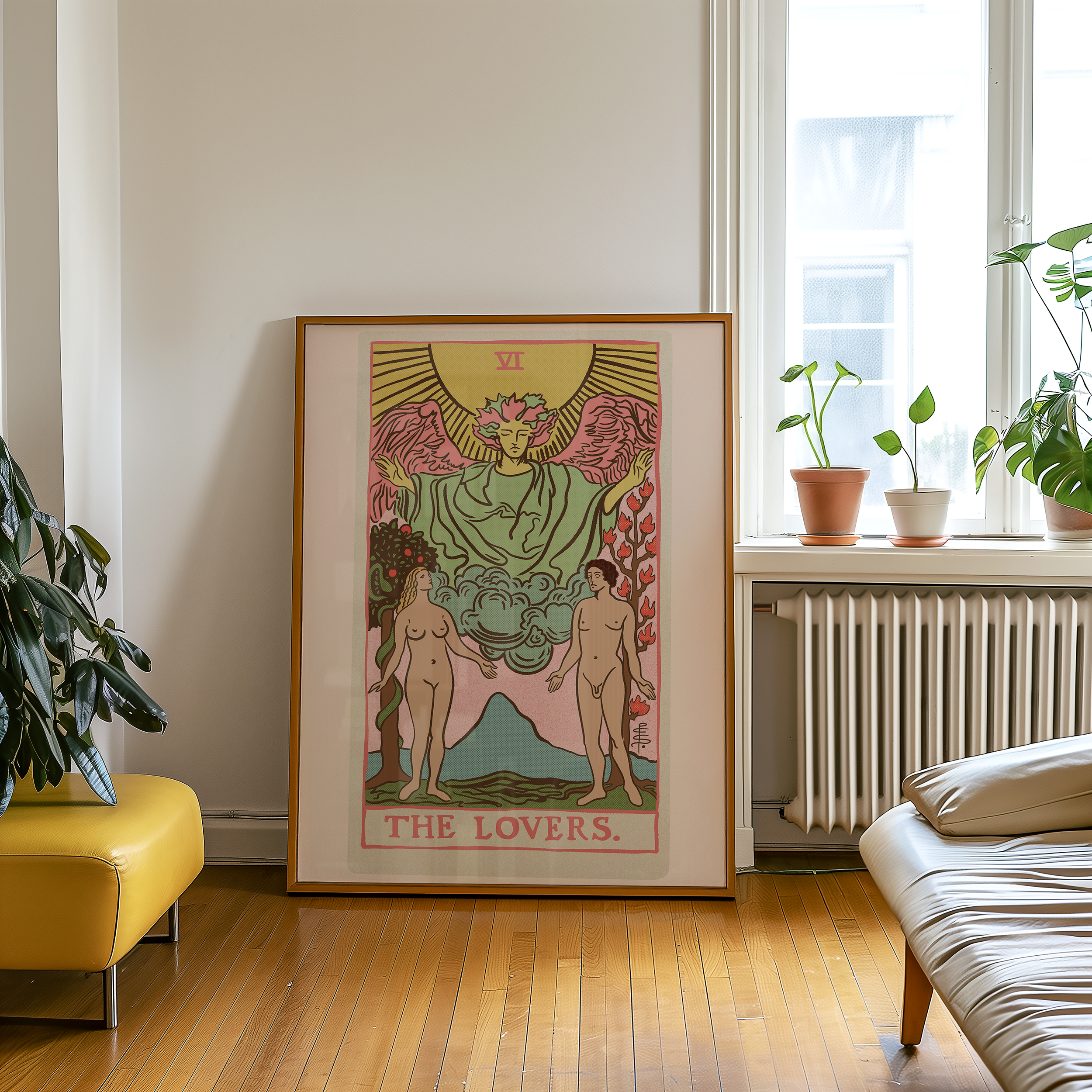 The Lovers tarot card print, feminine pink witchy spiritual decor poster print.