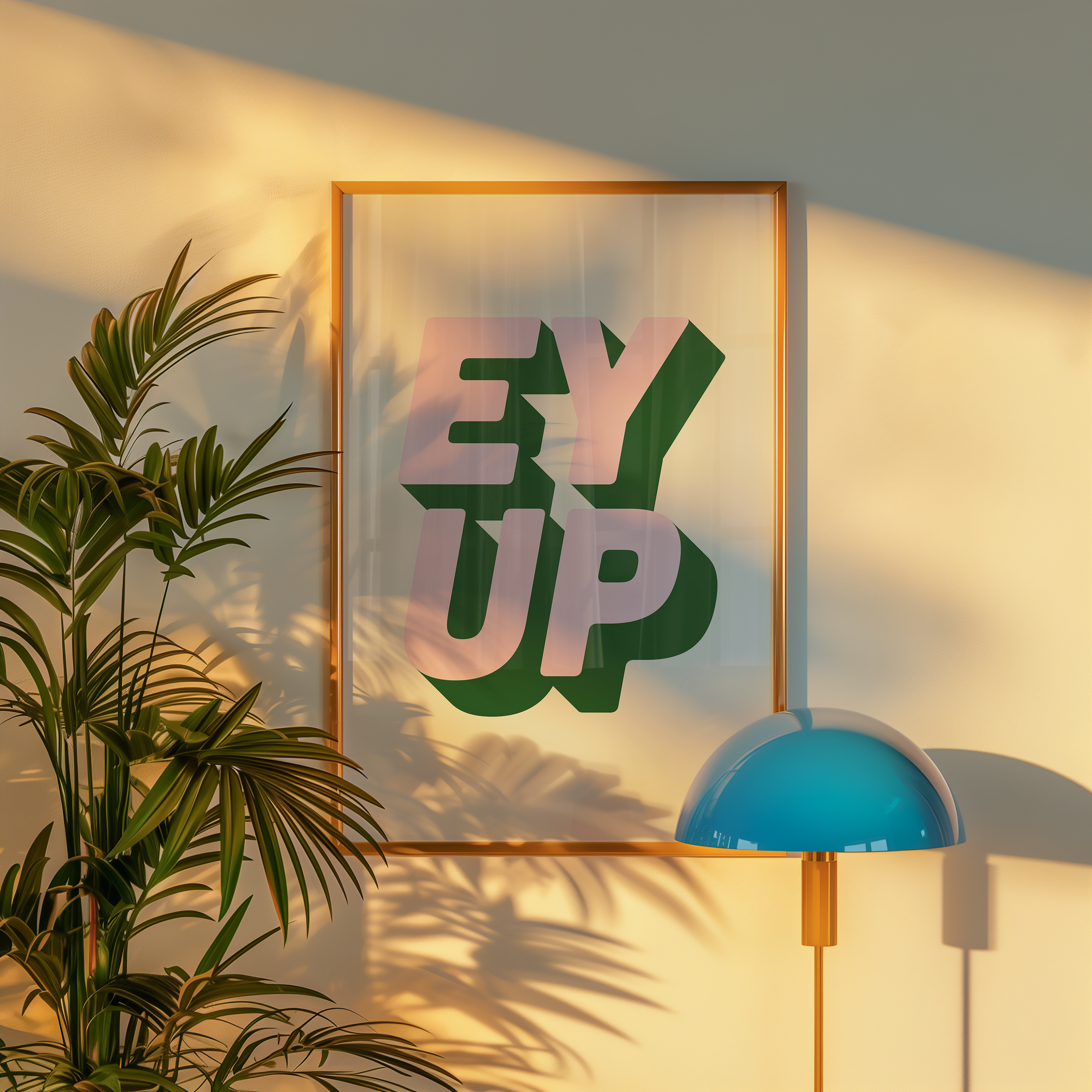 Bold quote print poster decor "Ey up". British quote. Yorkshire quote. Dopamine decor. Retro two tone font green and pink.