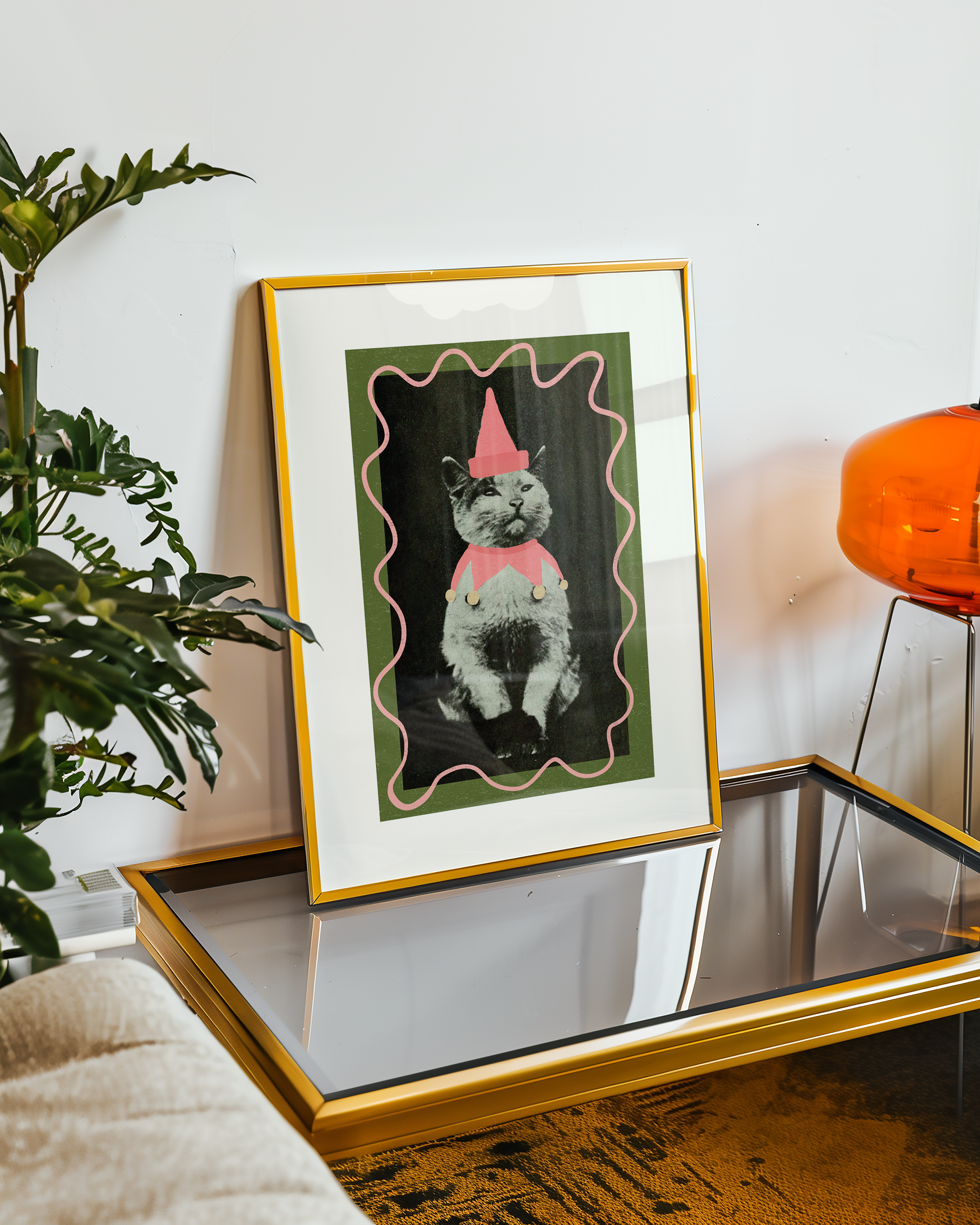Dopamine decor poster print. Victorian photography pf cat wearing a jester costume, enhances with modern colour elements of pink and green