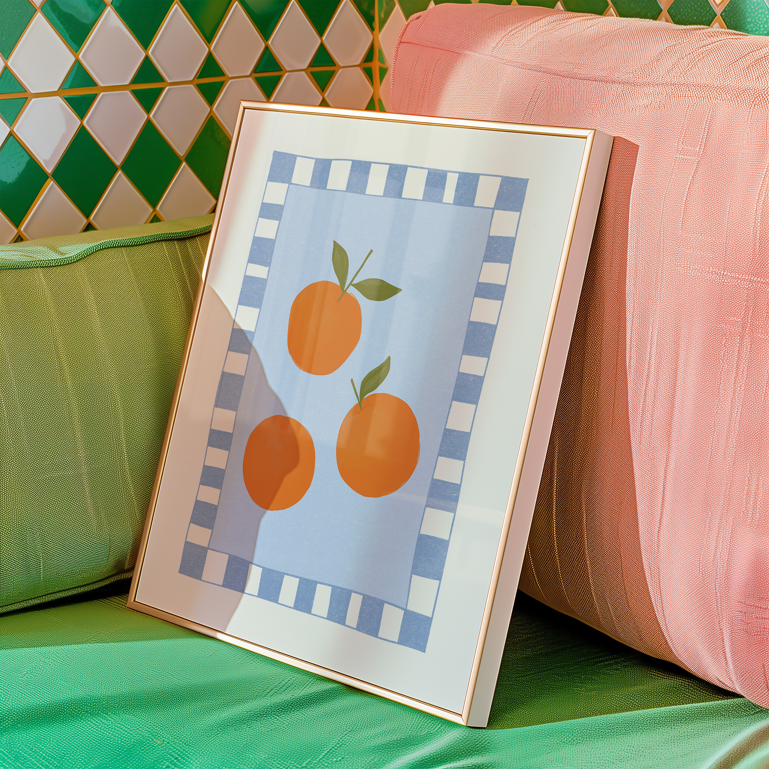 Bold dopamine decor print poster of oranges. kitchen poster. Orange and blue. Mediterranean fee