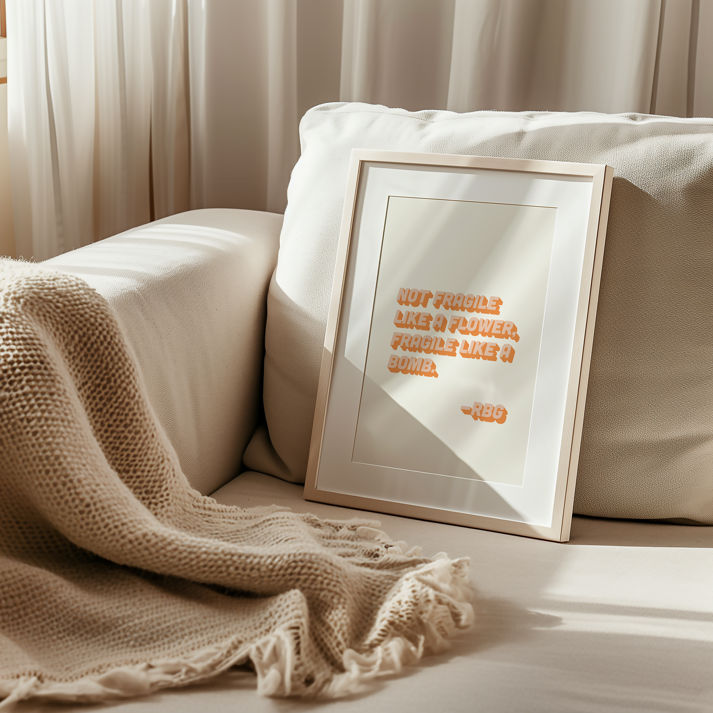 bold dopamine decor ruth bader ginsburg quote print poster "Not Fragile Like a Flower, Fragile Like a Bomb." Feminist print poster. Retro two tone font in orange