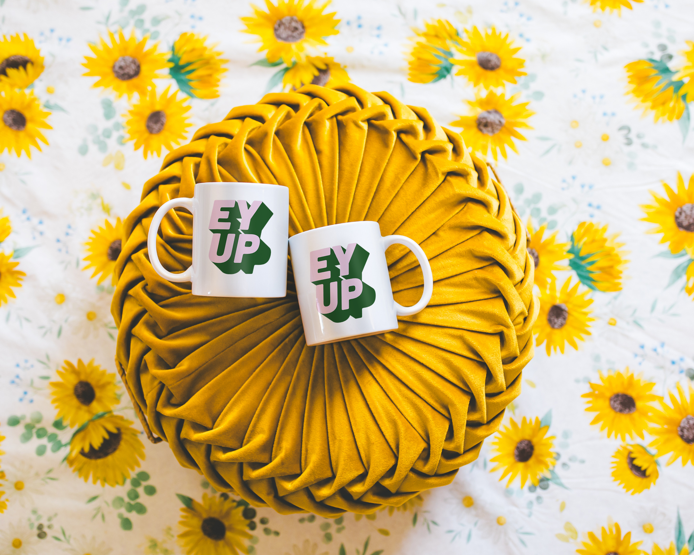 Sassy dopamine decor White coffee mug that says "ey up" in a retro two tone vintage style pink and green font. Available in 11oz and 15oz. British humour