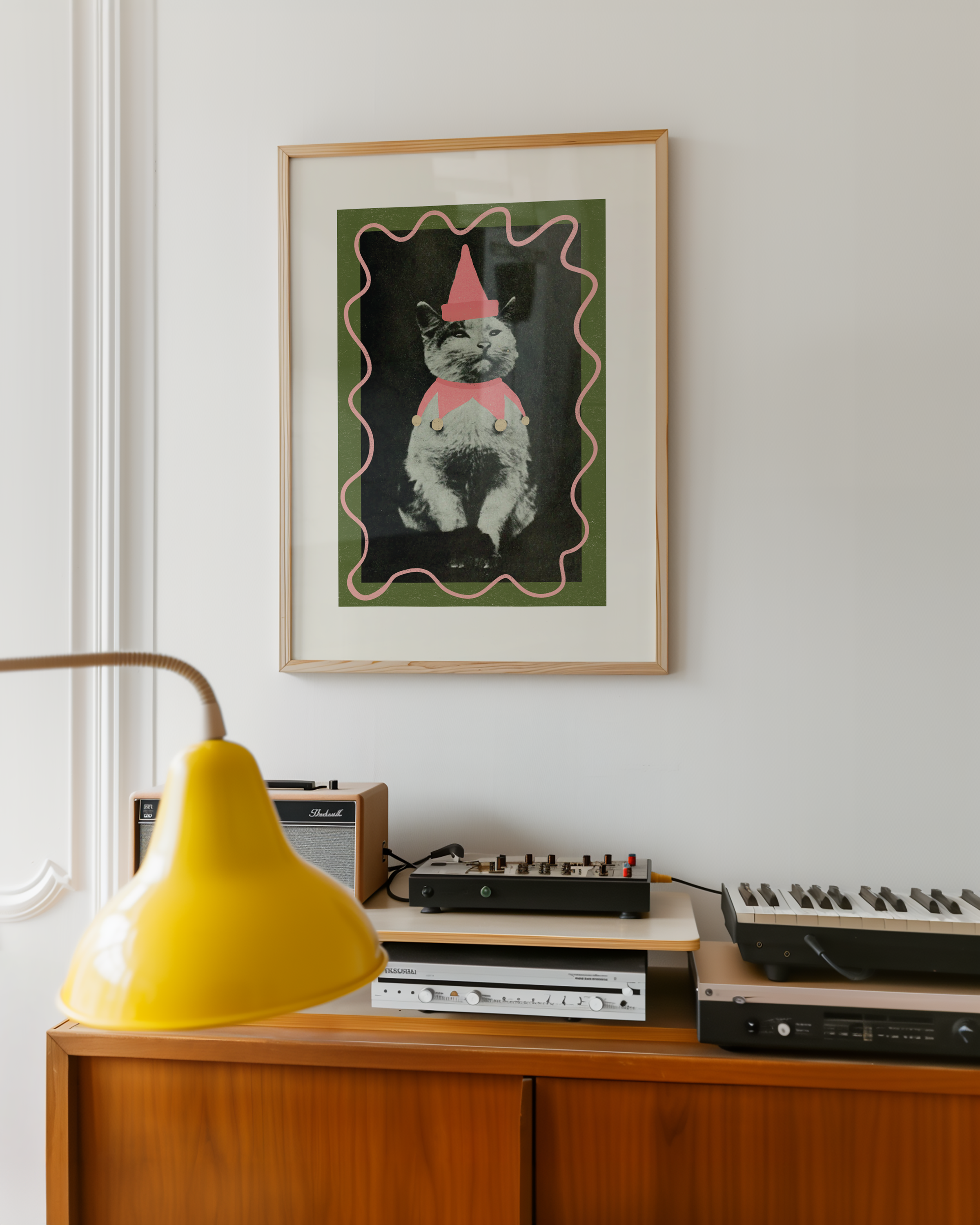 Dopamine decor poster print. Victorian photography pf cat wearing a jester costume, enhances with modern colour elements of pink and green