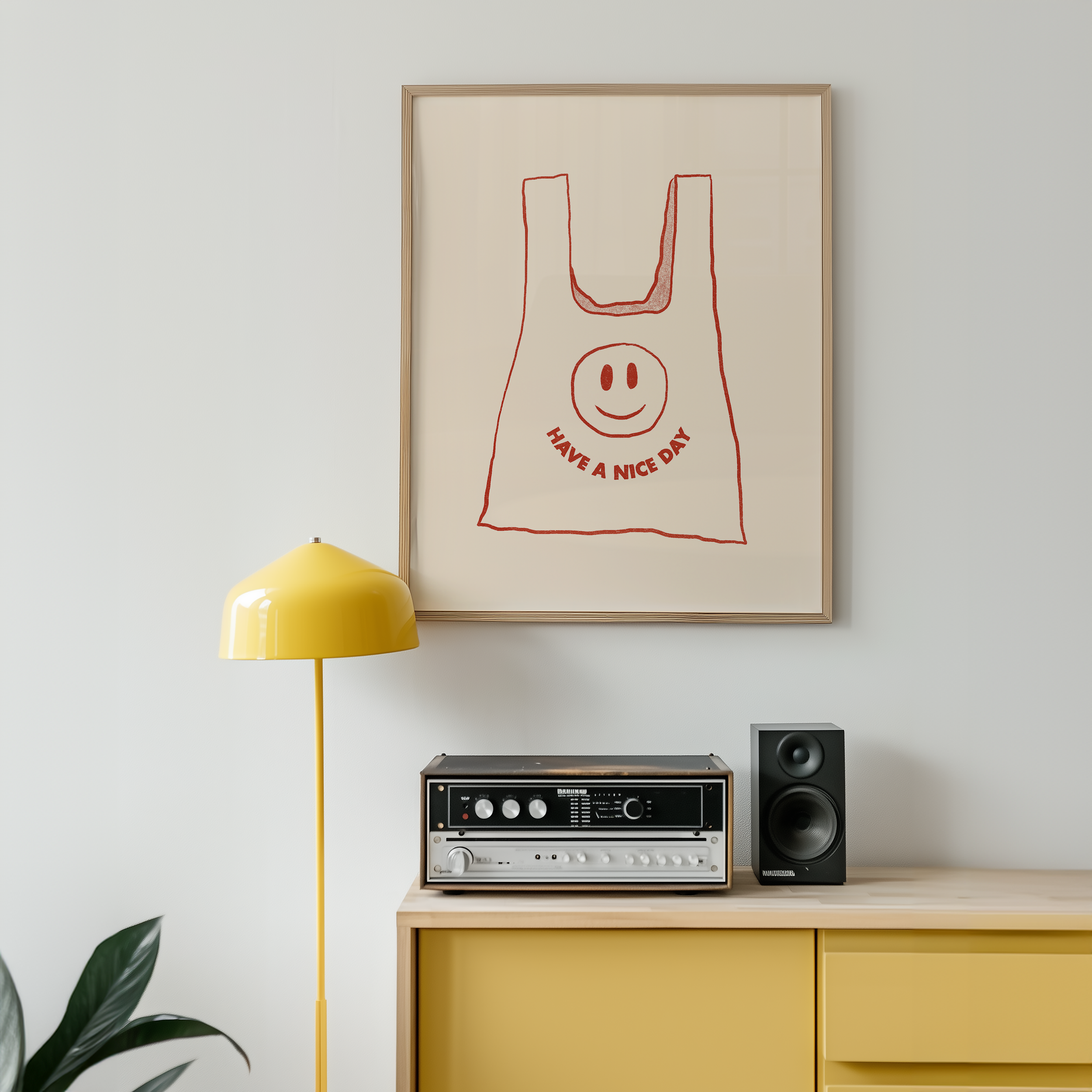 Bold dopamine decor print poster illustration of plastic bag that says have a nice day with a smiling face. Retro style decor. midcentury modern. red and cream.
