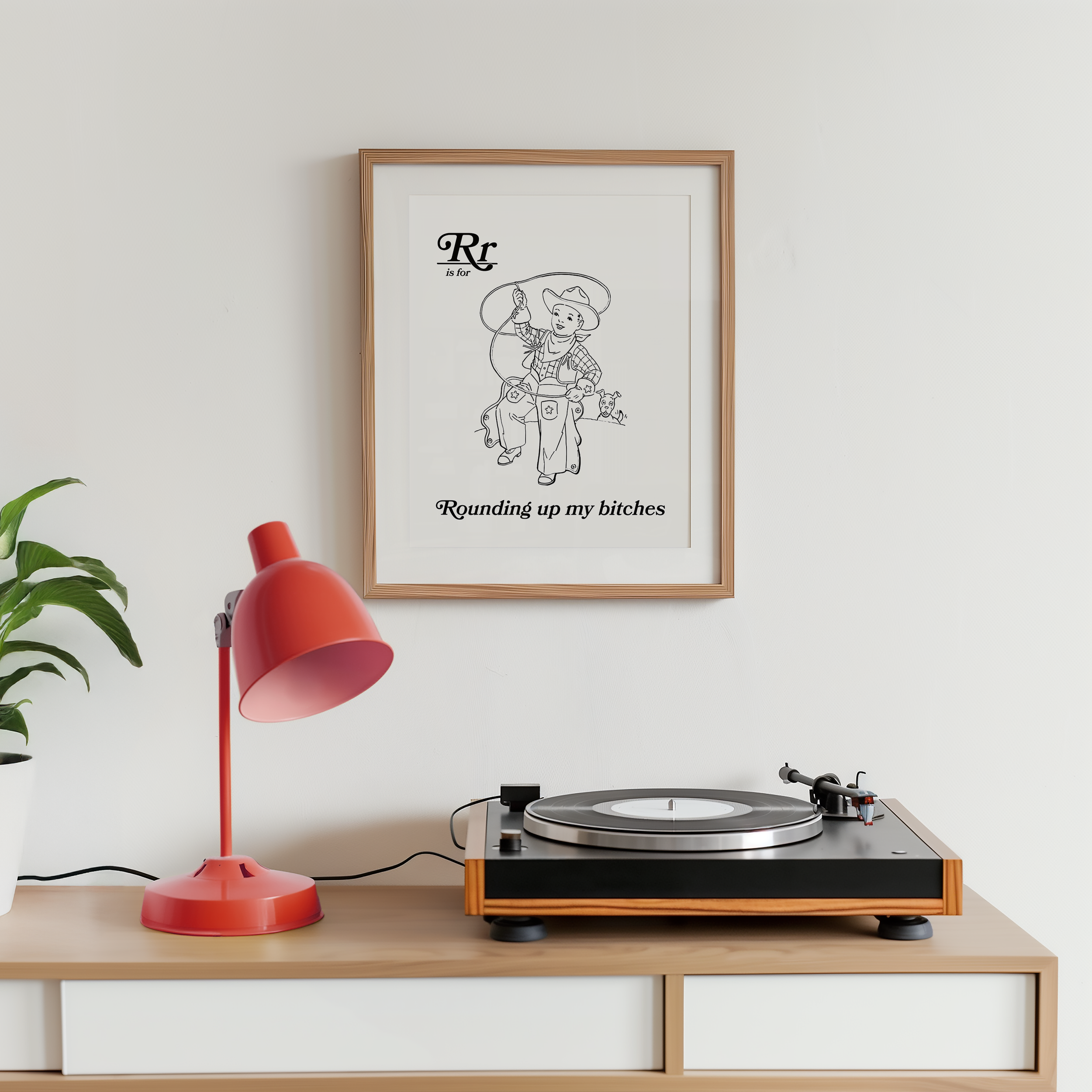 Dopamine decor poster print of retro style alphabet poster for the letter R or a childrens illuration cowboy with a lasso that say "R is for Rounding up my bitches." Adult humour print.