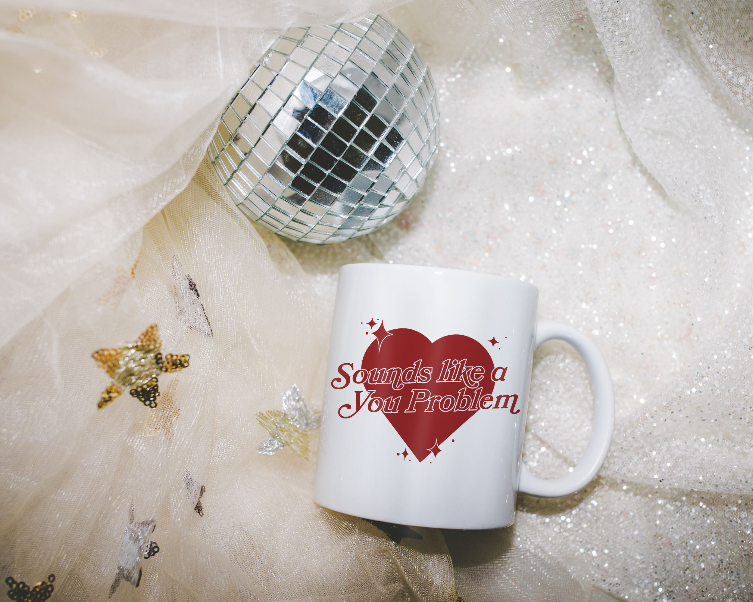 Sassy dopamine decor White coffee mug that says "Sounds like a you problem" in a retro vintage style heart that's red with a retro font.. Available in 11oz and 15oz