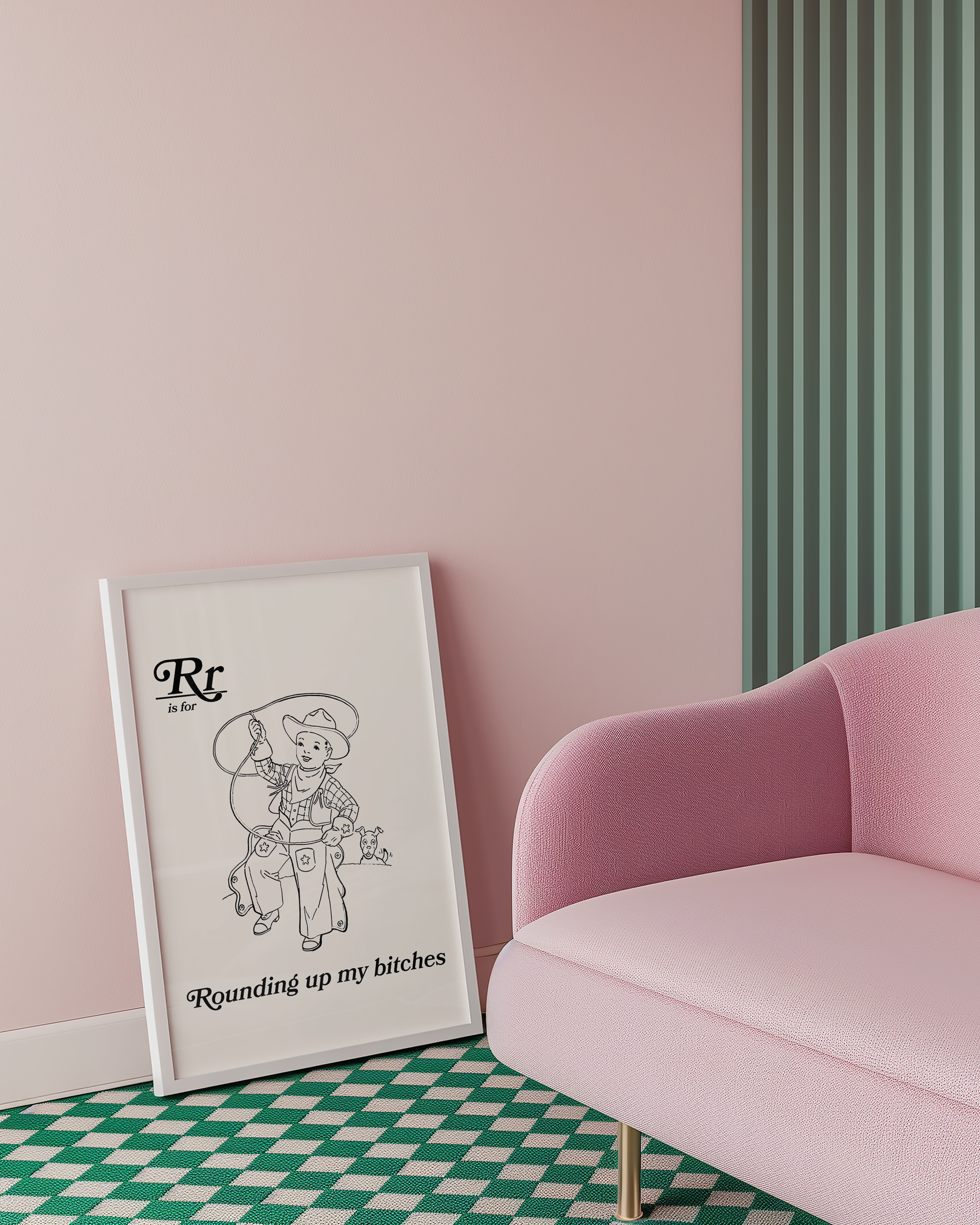 Dopamine decor poster print of retro style alphabet poster for the letter R or a childrens illuration cowboy with a lasso that say "R is for Rounding up my bitches." Adult humour print.