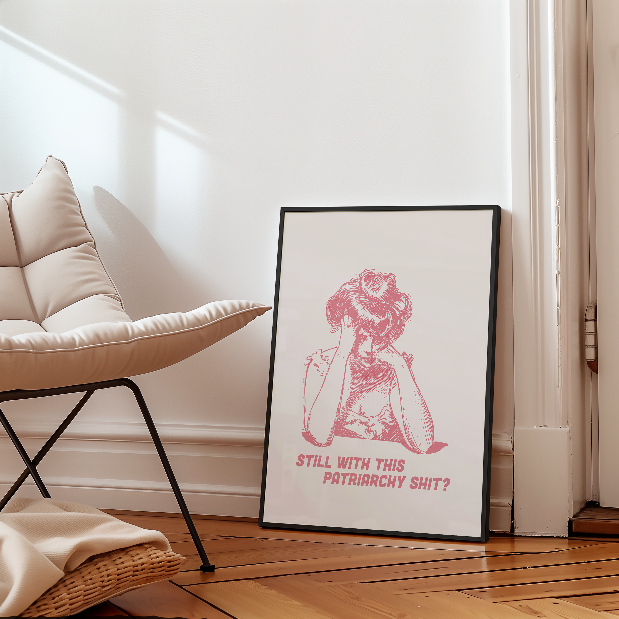 Pink and White print of a bored looking Edwardian woman that says "Still with this Patriarchy shit?" Funny feminist print. Witty sassy dopamine decor poster.