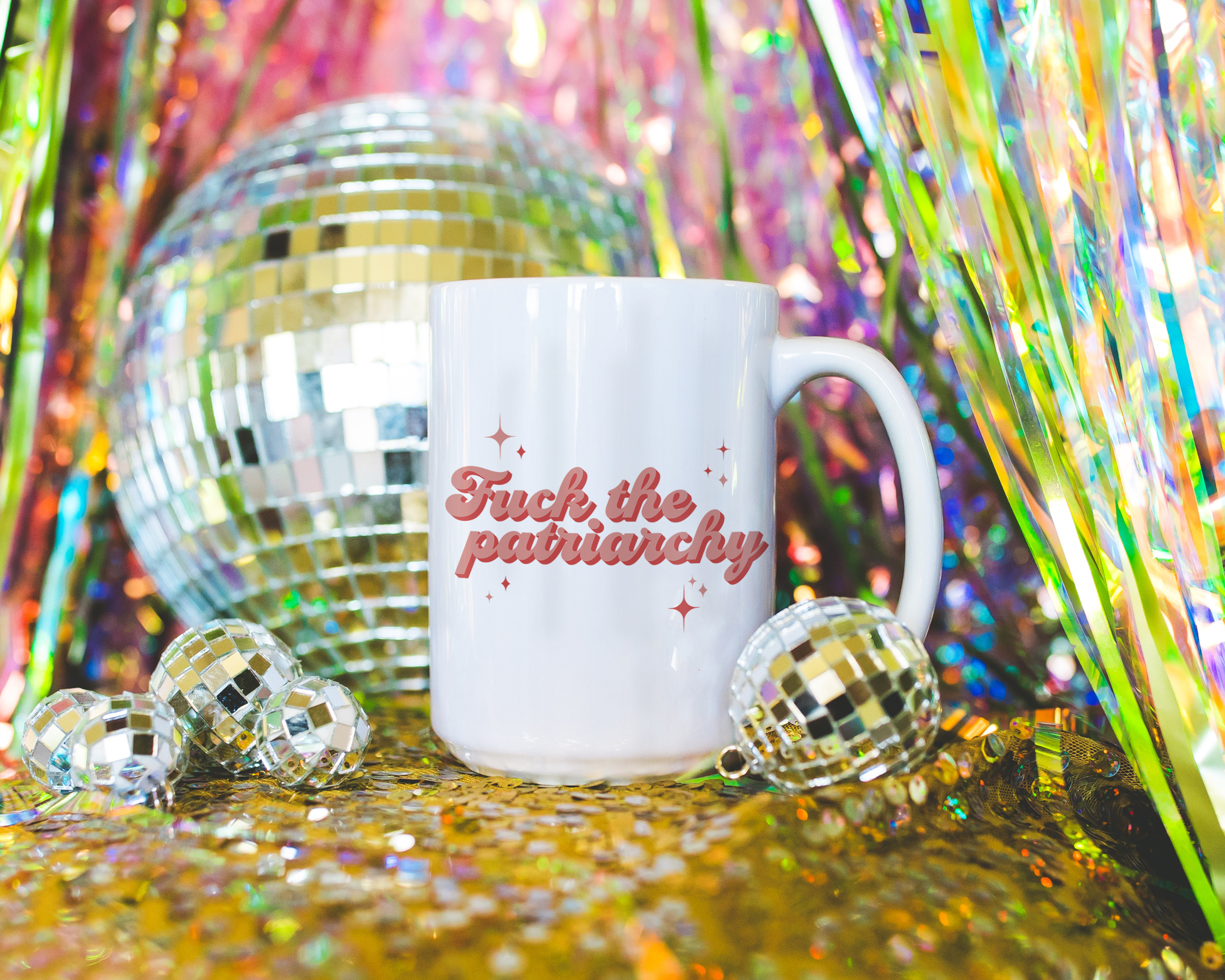 Sassy dopamine decor White coffee mug that says "fuck the patriarchy" in a retro vintage style red font. Available in 11oz and 15oz