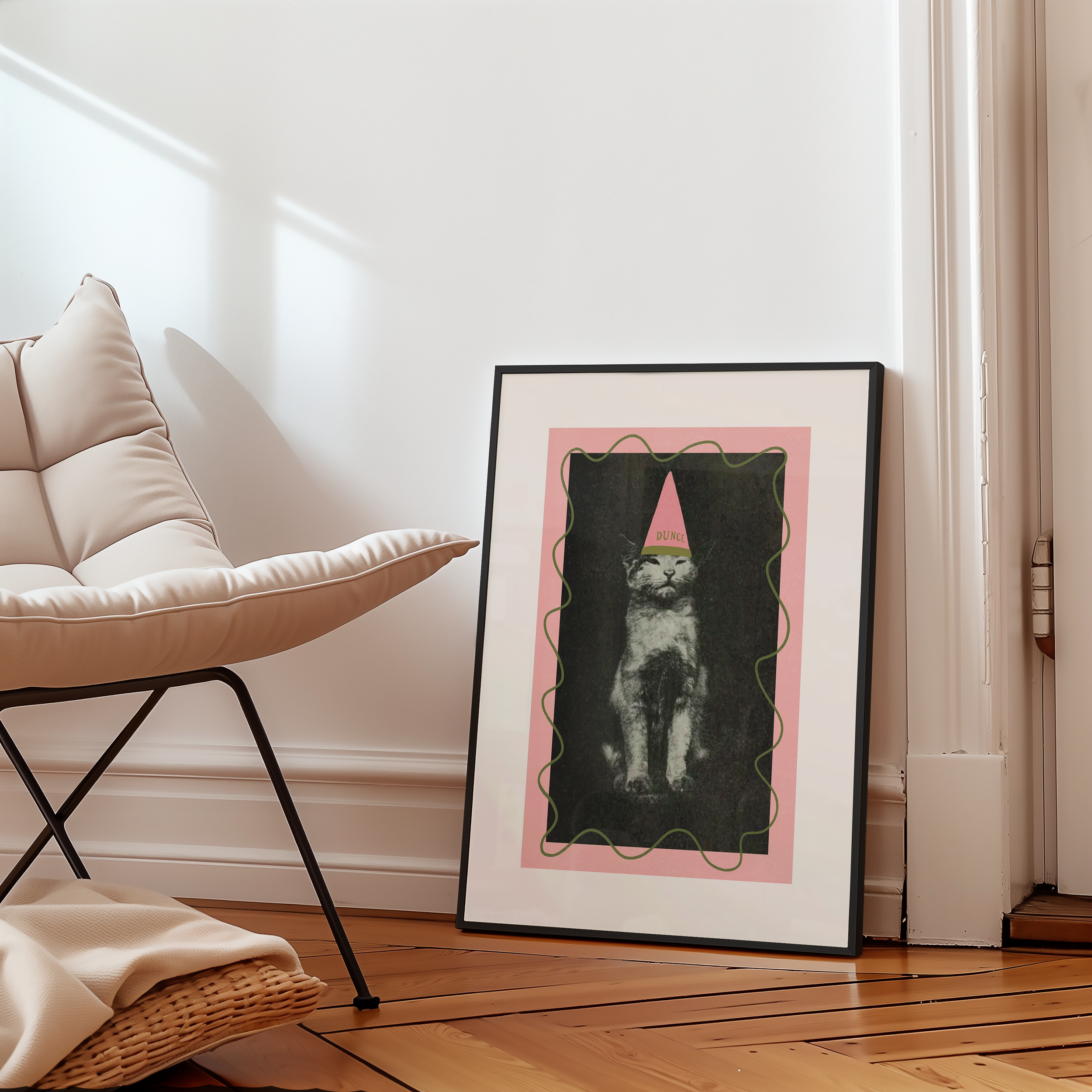 Dopamine decor poster print. Victorian photography pf cat wearing a dunce cat, enhances with modern colour elemants of pink and green