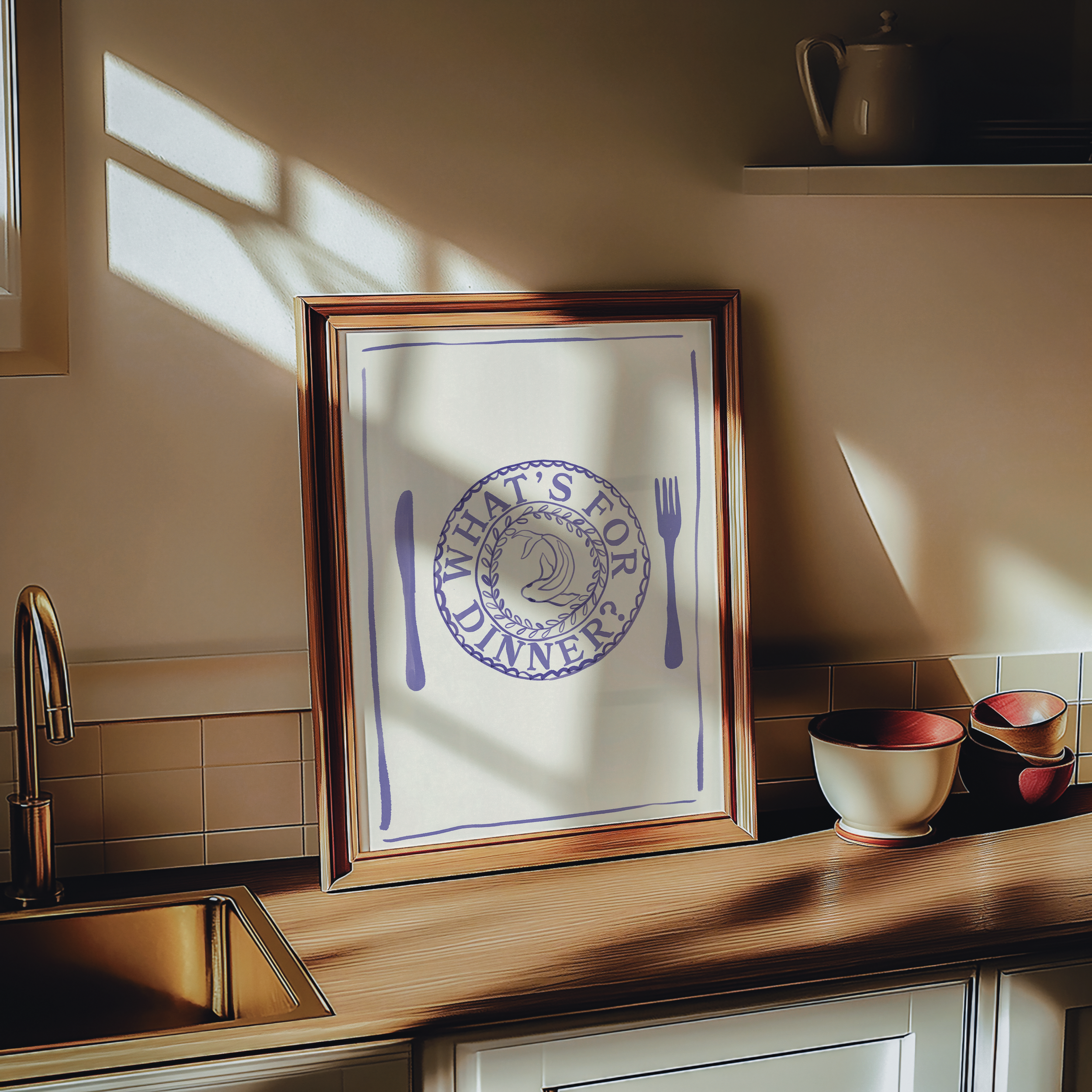 Bold dopamine decor print poster of a dinner place and knife and fork with the phrase "Whats's for dinner?" in watercolour style. kitchen poster. Blue and cream. Food poster print