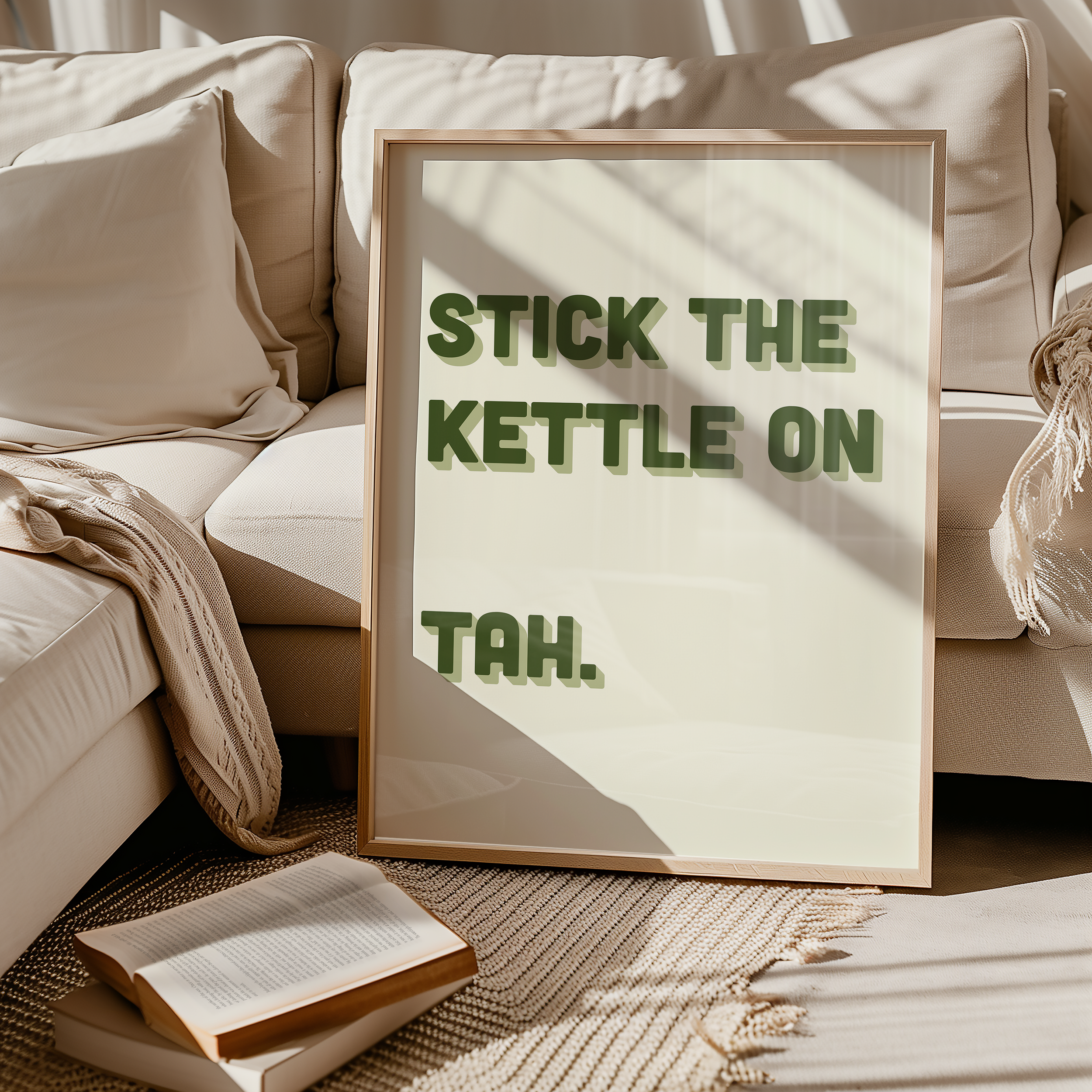 Funny quote print poster that says "Stick the Kettle On Tah" in two tone retro green font. British humour poster